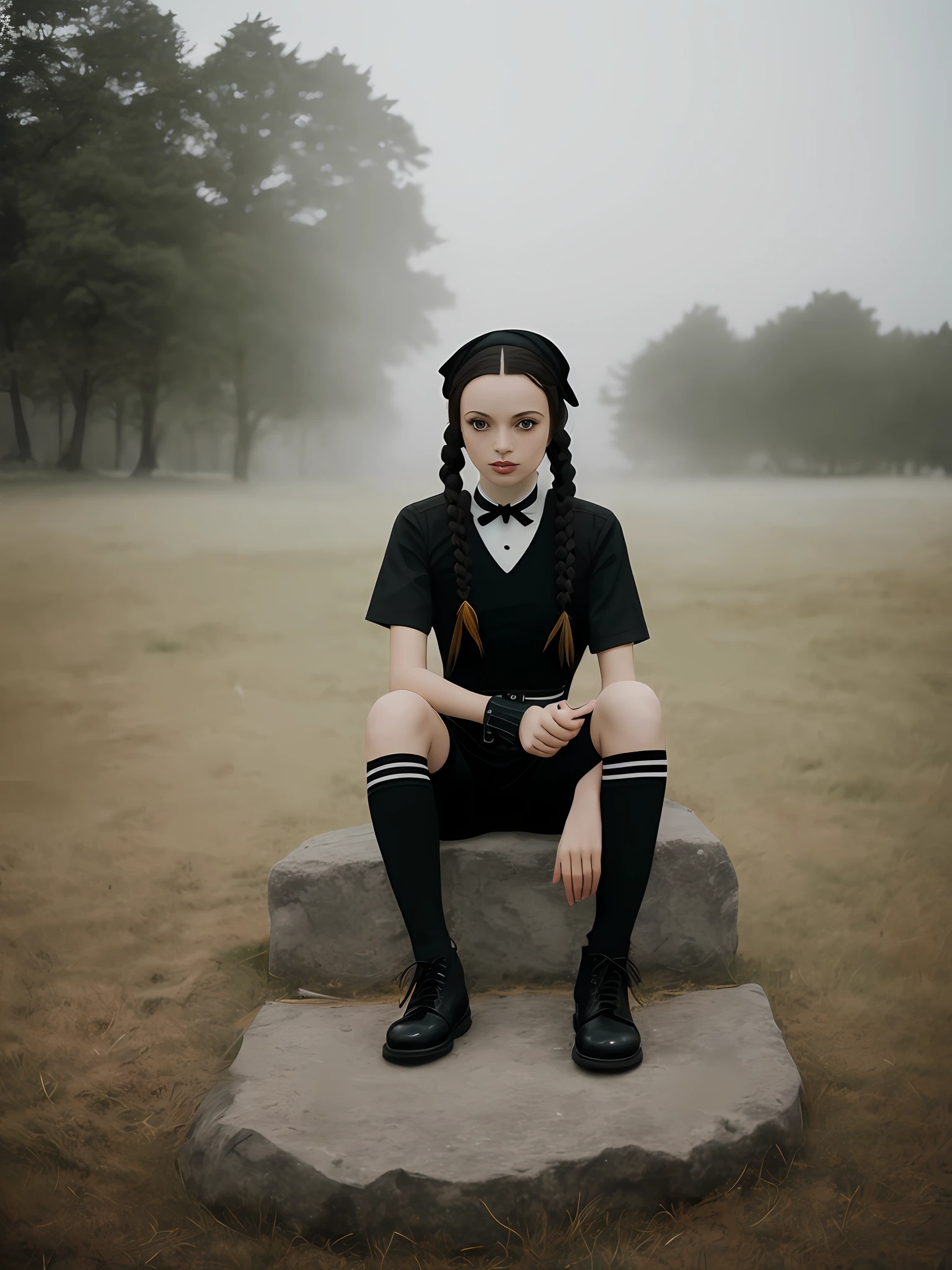 (masterpiece), (highres), hyperrealism, ((full body)) photography, JennaO person ((dressed as Wednesday Addams from "The Addams family")), (french braids), (combat boots), model, goddess, long legs, Detailed, Detailed pretty face, misty morning light, Sharp Focus, (Detailed and crowded high school background), Leica 35mm F2.8, Fuji Superia Reala 100, feet up, soles, sit