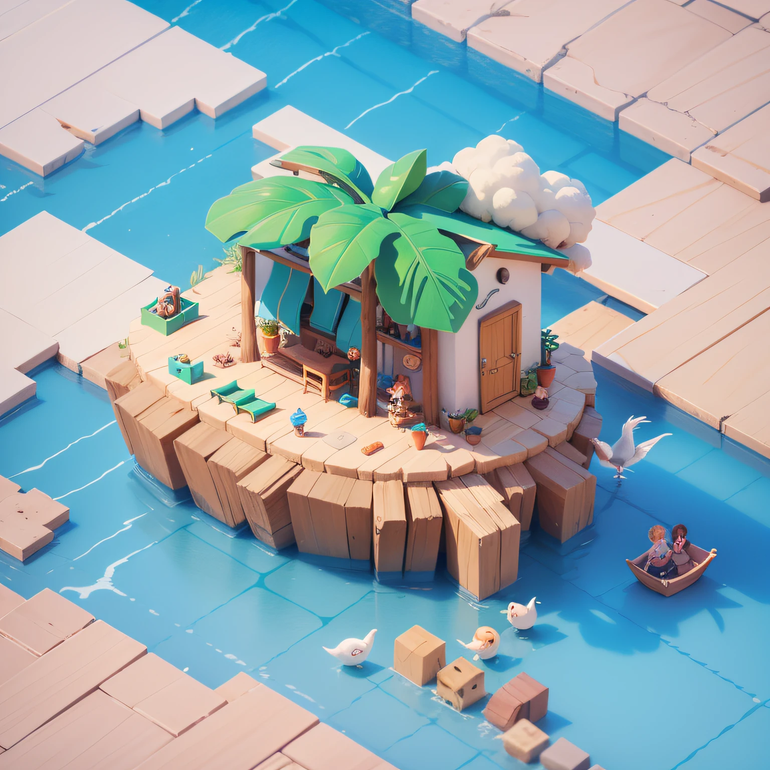 tiny cute people hangout on the beach, sunny day, isometric 3d style, stardew valley vibes, high detailed, ultra hhigh quality, 8K UHD, birds, happiness, lovely vibes, plants, beach animals