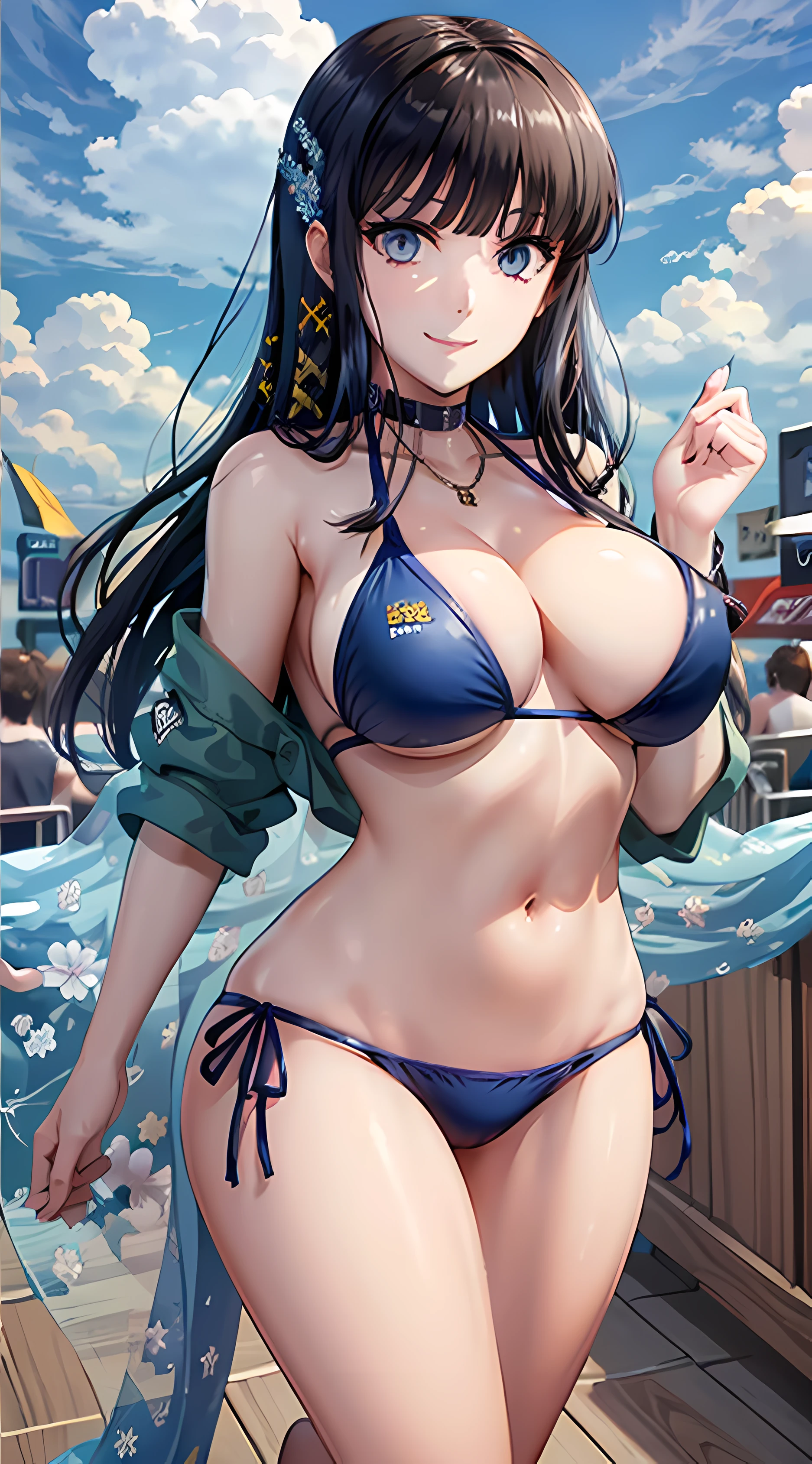 masterpiece, best qualityer, ultra-detailed, beautiful detailed eyes, extremely detailed eyes and face, 1girl, ShibaMiyuki, Hair ornament, bikini, ((,big breast,)), standing, looking at viewer, smiling, seductive smile, normal hip, wood, daytime, sky, clouds, cowboy shot, full body,