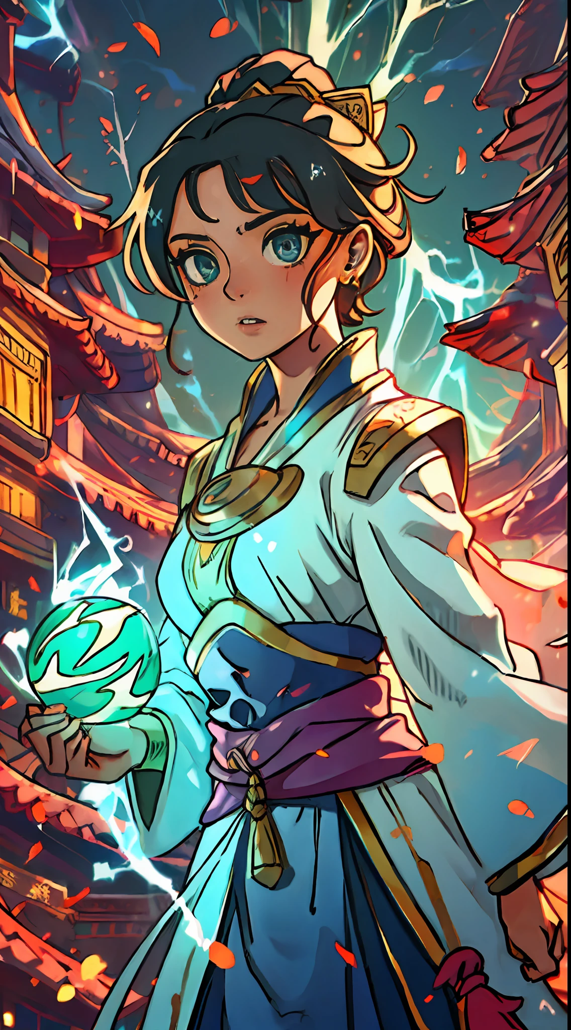 8k, 1 girl aged 4-12, detailed facial features, complexo, elegante, altamente detalhada, majestoso, largo-lente angular, vidro quebrado, magia, winding lightning magic, (obra prima, finos olhos bonitos: 1.2), HDR, void 5 energy lightning storm, (Menina chinesa, olhos negros: 1.5), pale skin, pele brilhante, ( Sentado em uma pedra: 1.5), rosto delicado, cabelos pret, vestindo armadura azul palaciana, saia curta, armadura azul fina, staring at the audience, facing the camera, obra prima, parte de cima do corpo,