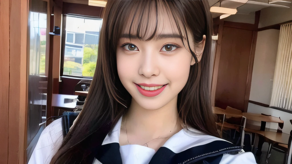 (8k, RAW photo, top quality, masterpiece: 1.2), super detail, super resolution, (realistic, real photo: 1.37), (photorealistic: 1.2), portrait, high resolution RAW color photo, professional photo, very detailed and beautiful, mouth open (looking at this with tongue out), cute pose (with armpit pose), white skin, fair-skinned woman proofreading, super high image quality, 8k wallpaper, amazing details, Nogizaka46 (looks exactly like Mario Gohyakujo)), very detailed beautiful girls, faces with different patterns, having a conversation in a school classroom, brown hair shining in the light, one is a ponytail, modern cute schoolgirl, very detailed face very detailed eyes, very realistic skin, very detailed fingers, very detailed nose, very detailed mouth, perfect anatomy, Very detailed sailor suit, very detailed background, after school, smiling school girls are gathered in the hallway of the school. They are in uniform, and the blackboard is faintly visible in the background. The bright windows illuminate the classrooms, revealing the details of their hair and uniforms. They enjoy chatting in natural poses and seem to have memorable conversations. Smiles are overflowing and fun spreads in the hallwaysSome of them have sticking out their tongues, Famous Japan idols, Cute, realistic body, Slender, White skin, Radiant skin, Slim body, Long straight hair, (dull bangs: 1.2), Schoolgirl youth Celebrity-level cuteness , (pink eye shadow) ((Drawing a picture of a heart under the eyes)) heart, ♡