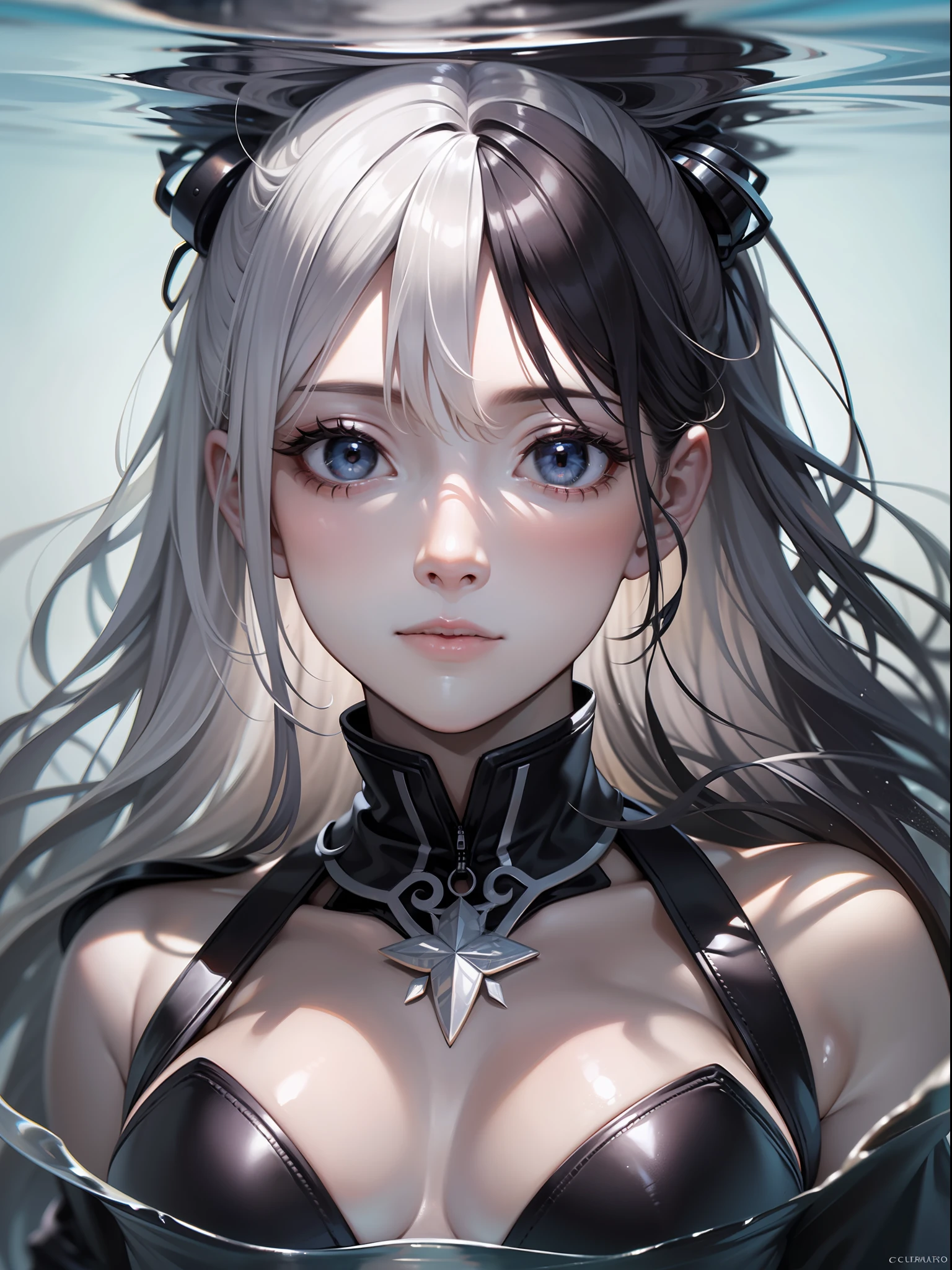 a beautiful female, three kind of styles, normal humman, angular, devil, a lake reflecting three sides, gradient hair, black color hair, silver hair, long hair, hair behind ear, eye reflection, multiple views, close-up, ray tracking, Reflected Light, Chiaroscuro, polar opposites, symmetry, partially underwater shot, Masterpiece、,, best quaity, high quality, ccurate, anatomically correct, textured skin, high-detail, Ultra high definition, HD