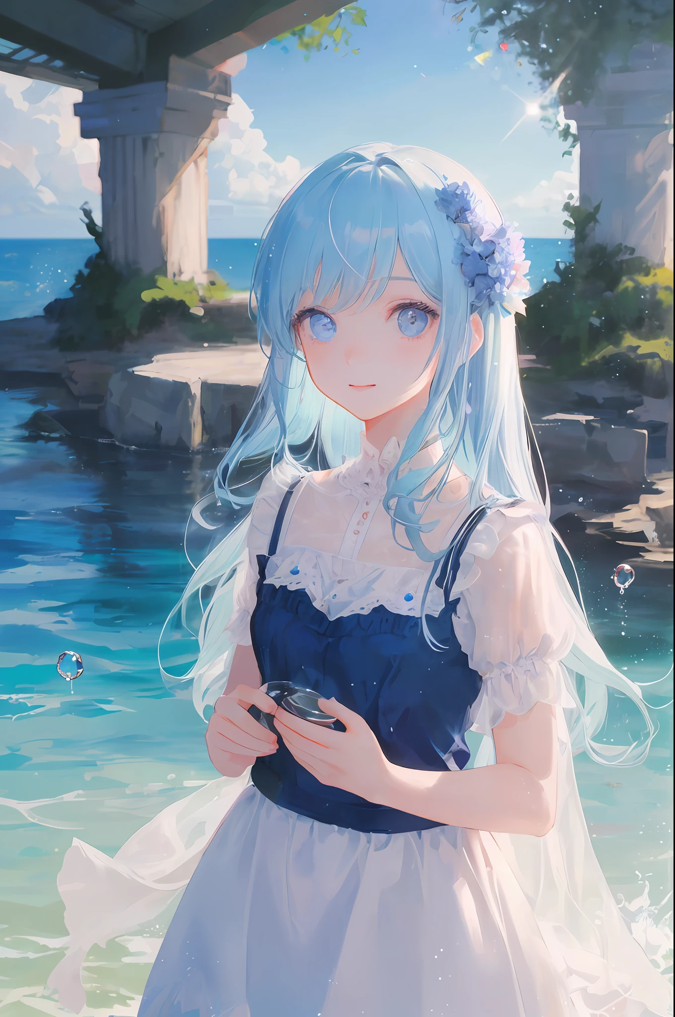art by Cornflower, dreamer
(a girl who and had beautiful detailed eyes. Beautiful hair in light blue、Light blue dress、upperbody、The depth of field in the photo was perfect, and the lens flare added a nice touch. The finely detailed features of his face really stood out, and the score for this photo was definitely higher than 10. In the background, there was a beautiful ocean with crystal clear water and water droplets on the surface. It was a stunning photo that really captured the girl'Beauty and water.),Precise iris depiction,looking at the viewer with a calm and goddess-like happiness,