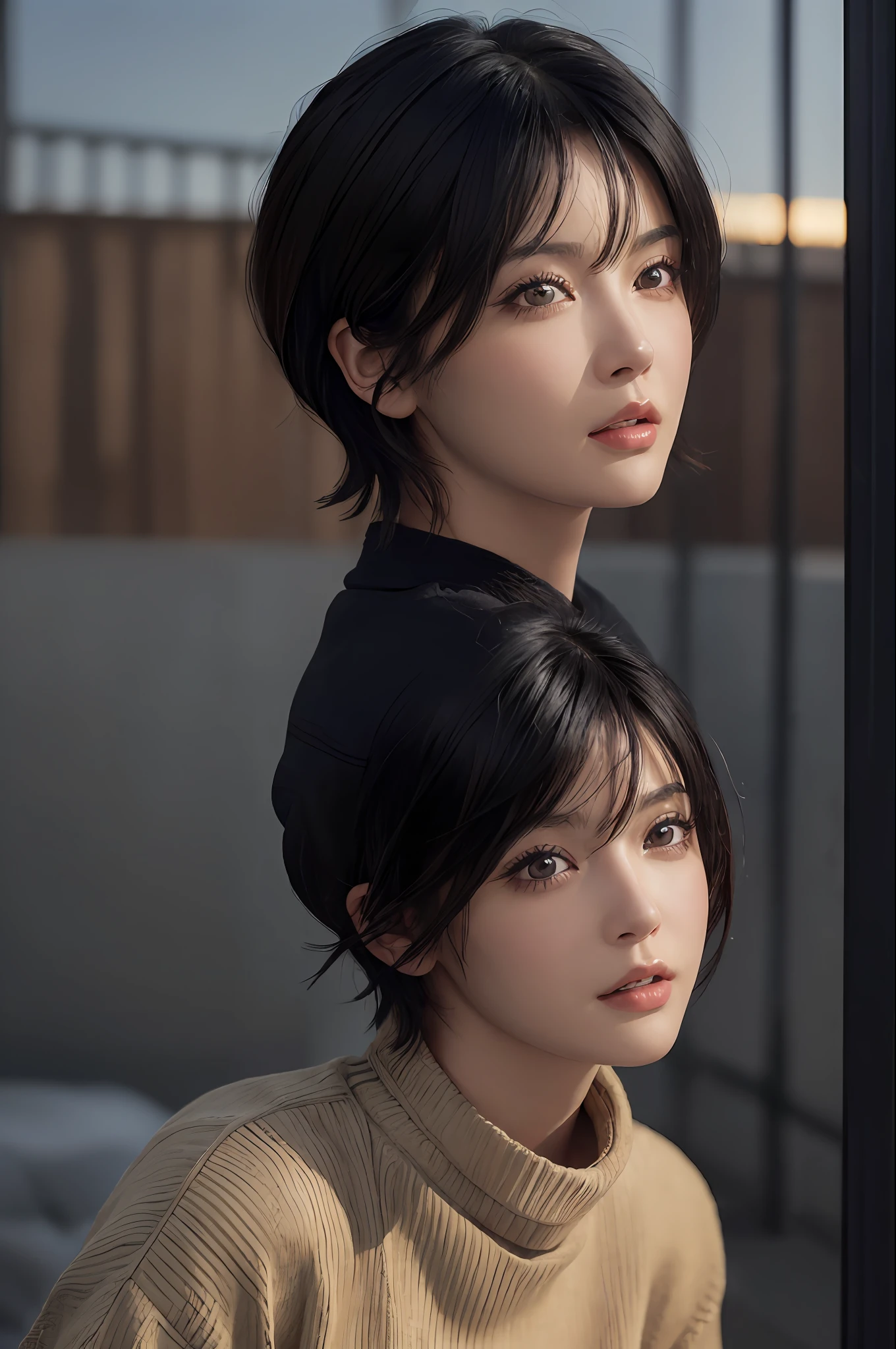 (masterpiece:1.3), (8k, photorealistic, RAW photo, best quality: 1.4), (1girl), beautiful face, (realistic face), (black hair, short hair:1.3), beautiful hairstyle, realistic eyes, beautiful detailed eyes, (realistic skin), beautiful skin, (sweater), absurdres, attractive, ultra high res, ultra realistic, highly detailed, golden ratio