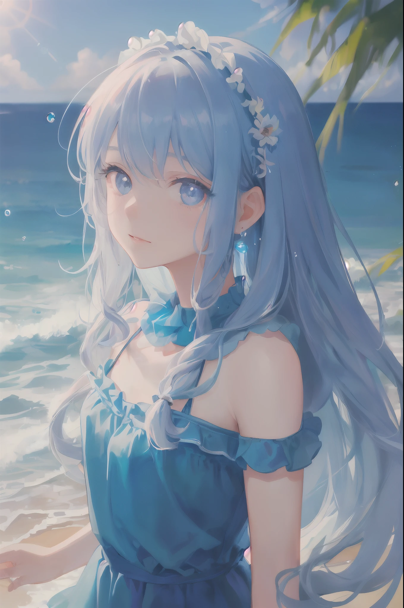art by Cornflower, dreamer
(a girl who was small and had beautiful detailed eyes. Beautiful hair in light blue、Light blue dress、upperbody、The depth of field in the photo was perfect, and the lens flare added a nice touch. The finely detailed features of his face really stood out, and the score for this photo was definitely higher than 10. In the background, there was a beautiful ocean with crystal clear water and water droplets on the surface. It was a stunning photo that really captured the girl'Beauty and water.),Precise iris depiction,looking at the viewer with a calm and goddess-like happiness,