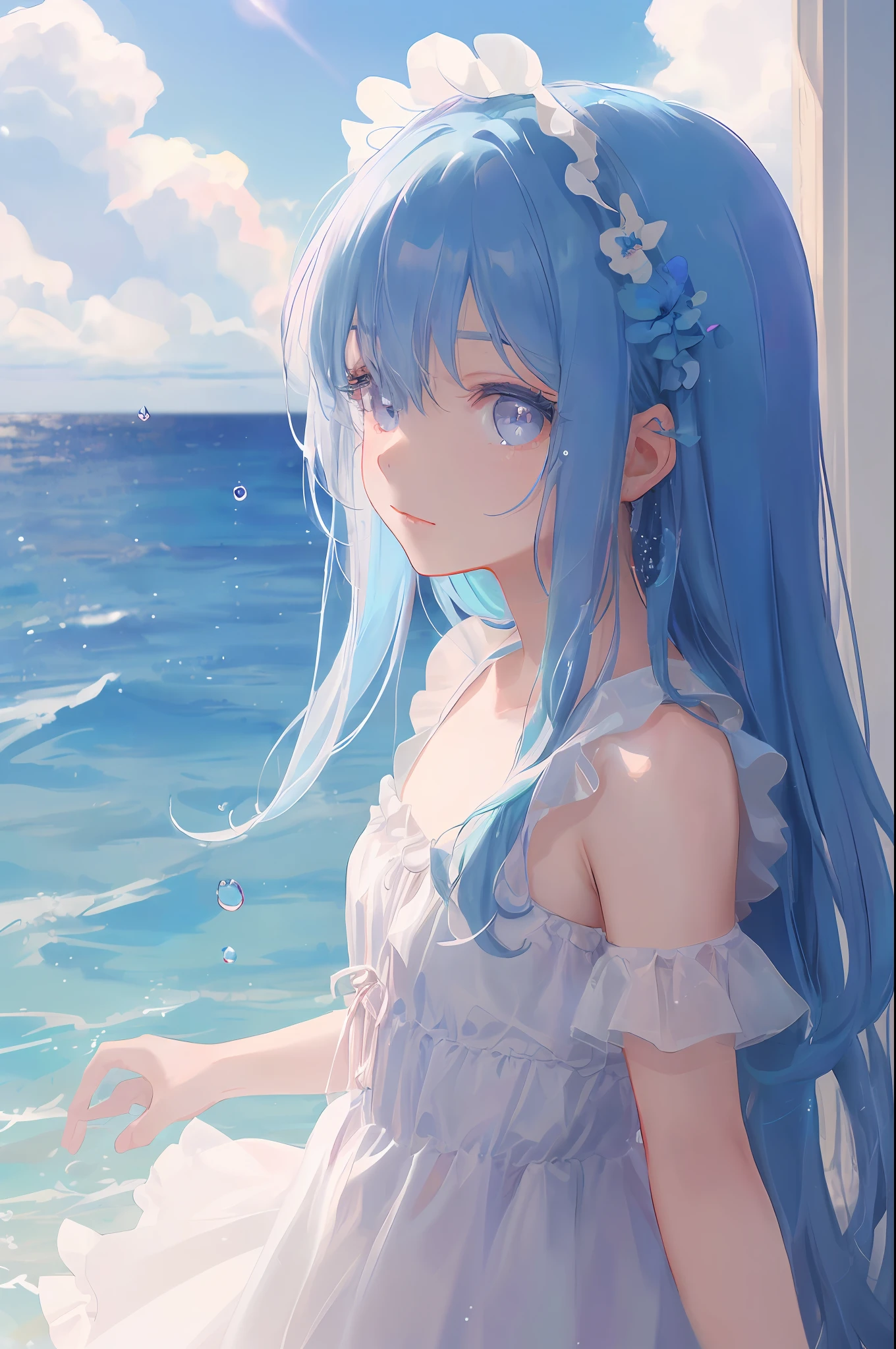 art by Cornflower, dreamer
(a girl who was small and had beautiful detailed eyes. Beautiful hair in light blue、Light blue dress、upperbody、The depth of field in the photo was perfect, and the lens flare added a nice touch. The finely detailed features of his face really stood out, and the score for this photo was definitely higher than 10. In the background, there was a beautiful ocean with crystal clear water and water droplets on the surface. It was a stunning photo that really captured the girl'Beauty and water.),Precise iris depiction,looking at the viewer with a calm and goddess-like happiness,
