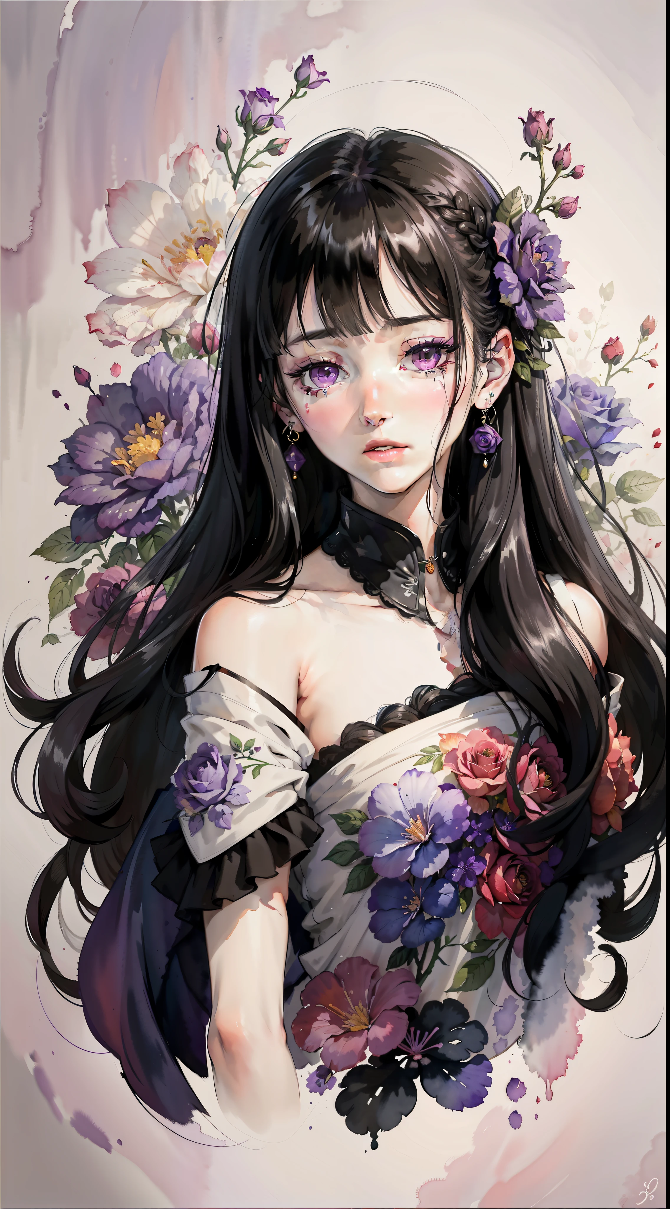 (Watercolor: 1.3), (Watercolor), Ink, A Beautiful Girl, Solo, Rose Flowers of Multiple Colors, Portrait, Leaves, Bangs, Black Hair, Long Hair, Purple Eyes, Flower Earrings, (Crying), Full Body Portrait, 4K Resolution, High Resolution, Ultra High Resolution, Epic Shooting, Detailed, Accurate, Detailed, (Masterpiece)