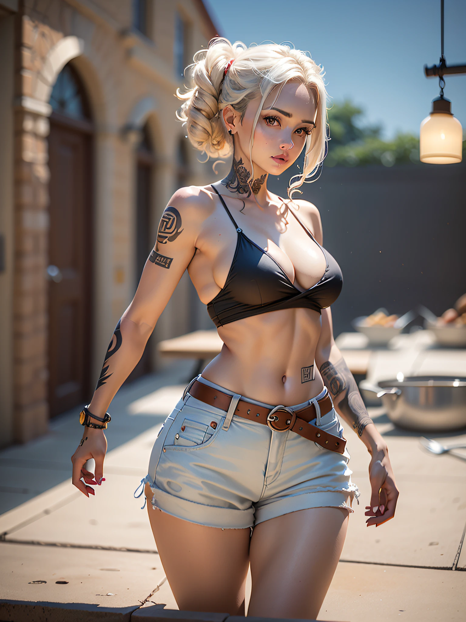 (obra-prima), (melhor qualidade), (ultra detalhado), mulher, 22 anos, corpo inteiro, ((cabelos loiros)), Tattooed arms, bunda tatuada, shorts curto, coxas grossas, bunda grande, tema de cozinha e comida, avental branco, (octane render), (realista)