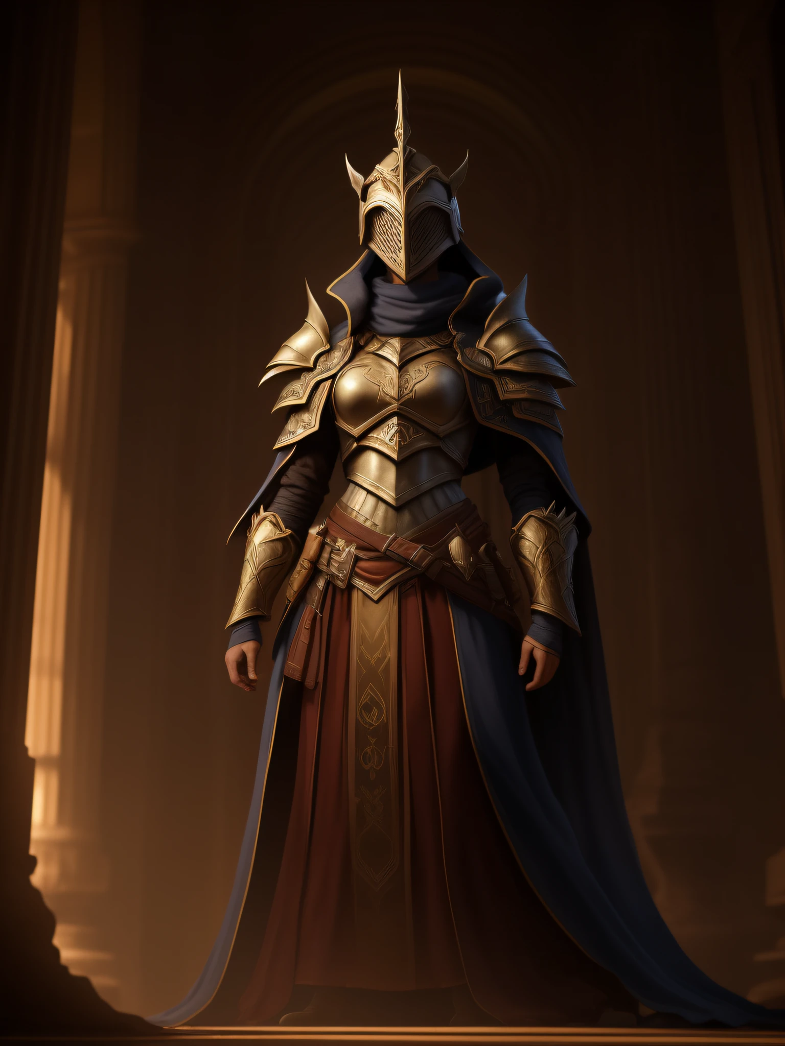 ((mulher de 45 anos)), de seios pequenos, Throne room setting with slightly low natural lighting, (ultra detalhada), com armadura cor dourada, (armadura completa, ultra detalhada), com um leve sorriso em seu rosto, and a menacing look, sentada em seu trono, (ultra detalhado: 1.3), (autadefinição: 1,6)