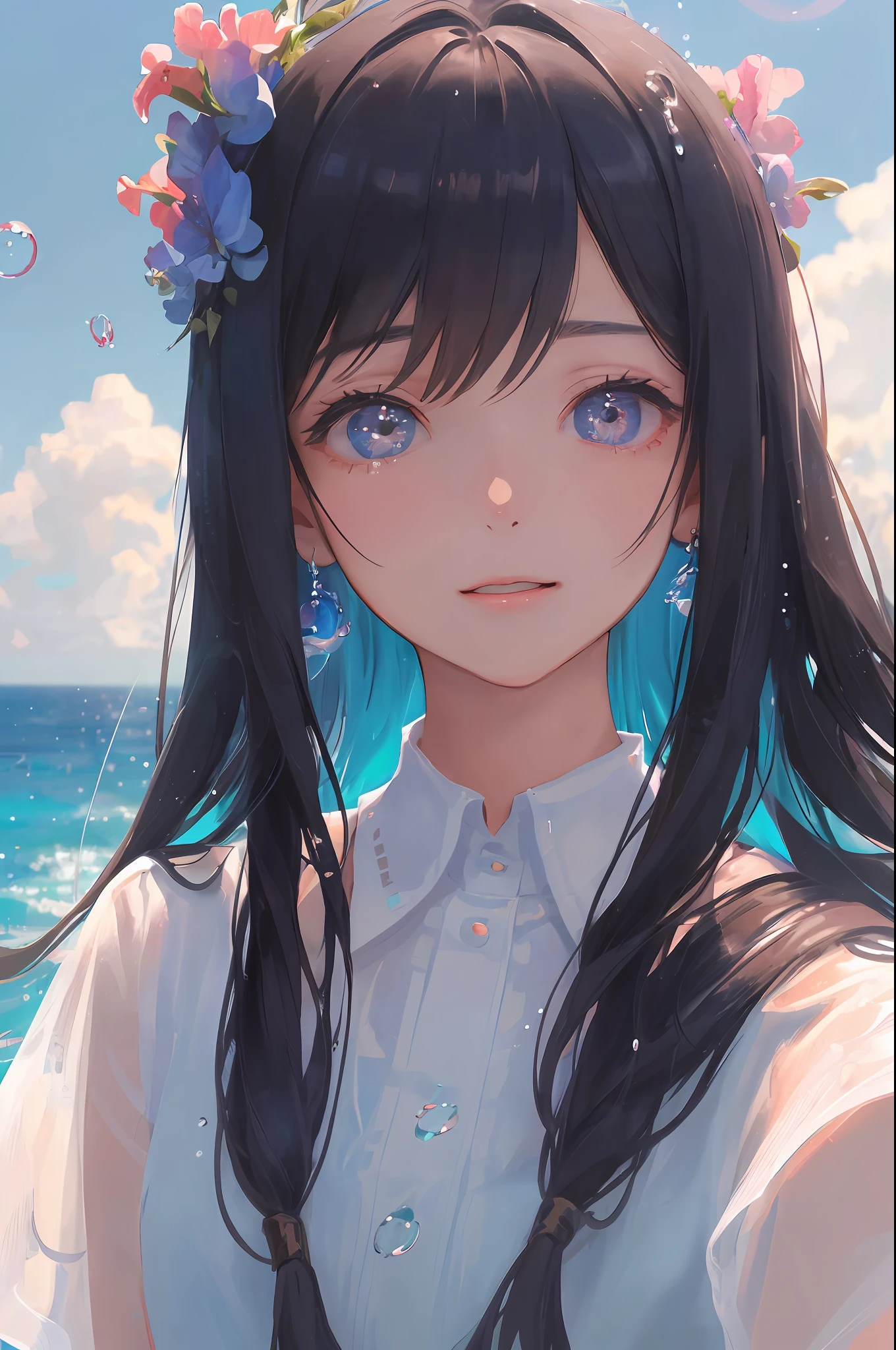 art by Cornflower, dreamer
(a girl who was small and had beautiful detailed eyes. The depth of field in the photo was perfect, and the lens flare added a nice touch. The finely detailed features of his face really stood out, and the score for this photo was definitely higher than 10. In the background, there was a beautiful ocean with crystal clear water and water droplets on the surface. It was a stunning photo that really captured the girl's beauty and fire.),Precise iris depiction,looking at the viewer with a calm and goddess-like happiness,