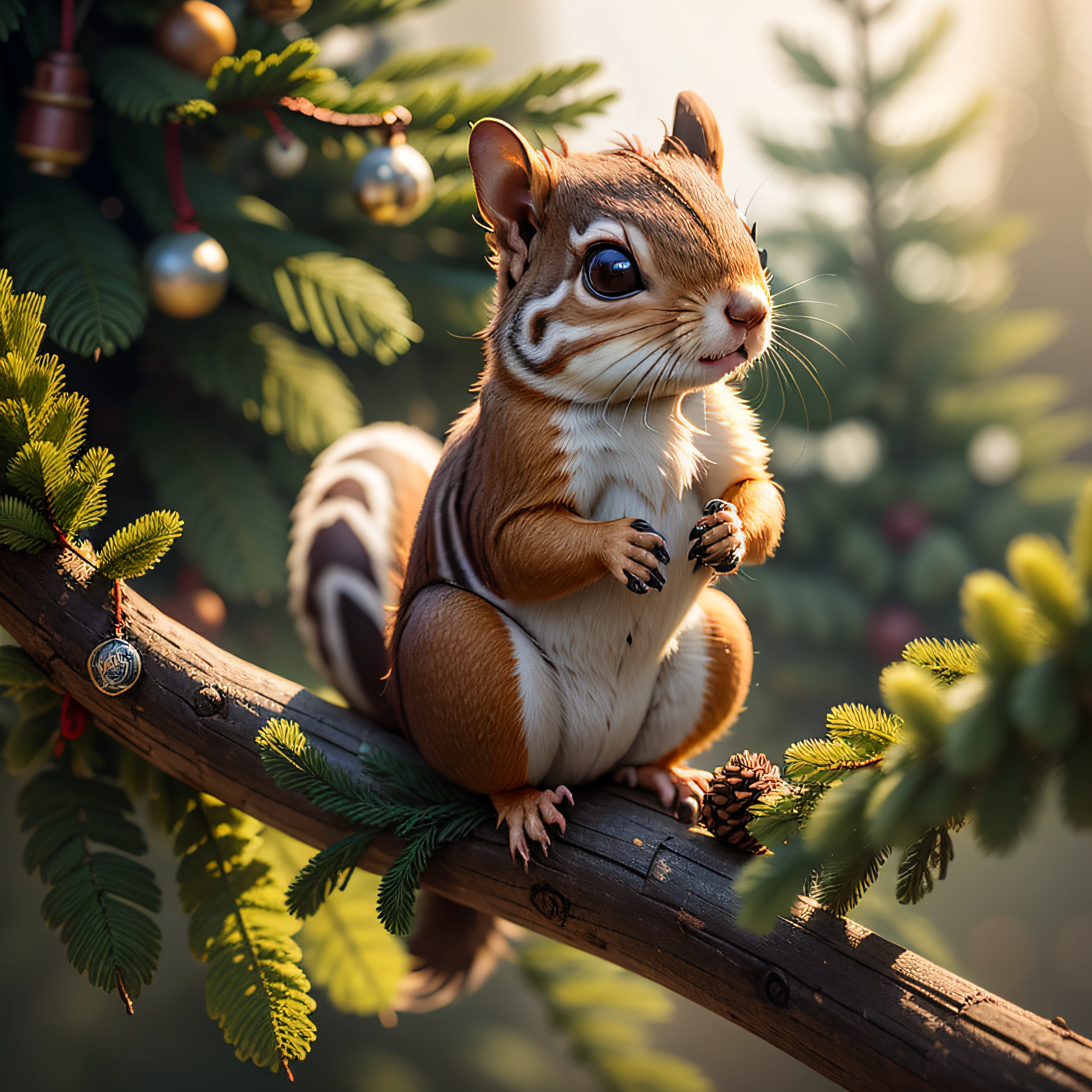 A cute squirrel sits on a fir tree branch and nibbles on a pine cone, Meisterwerk, 8k, hi-res --auto