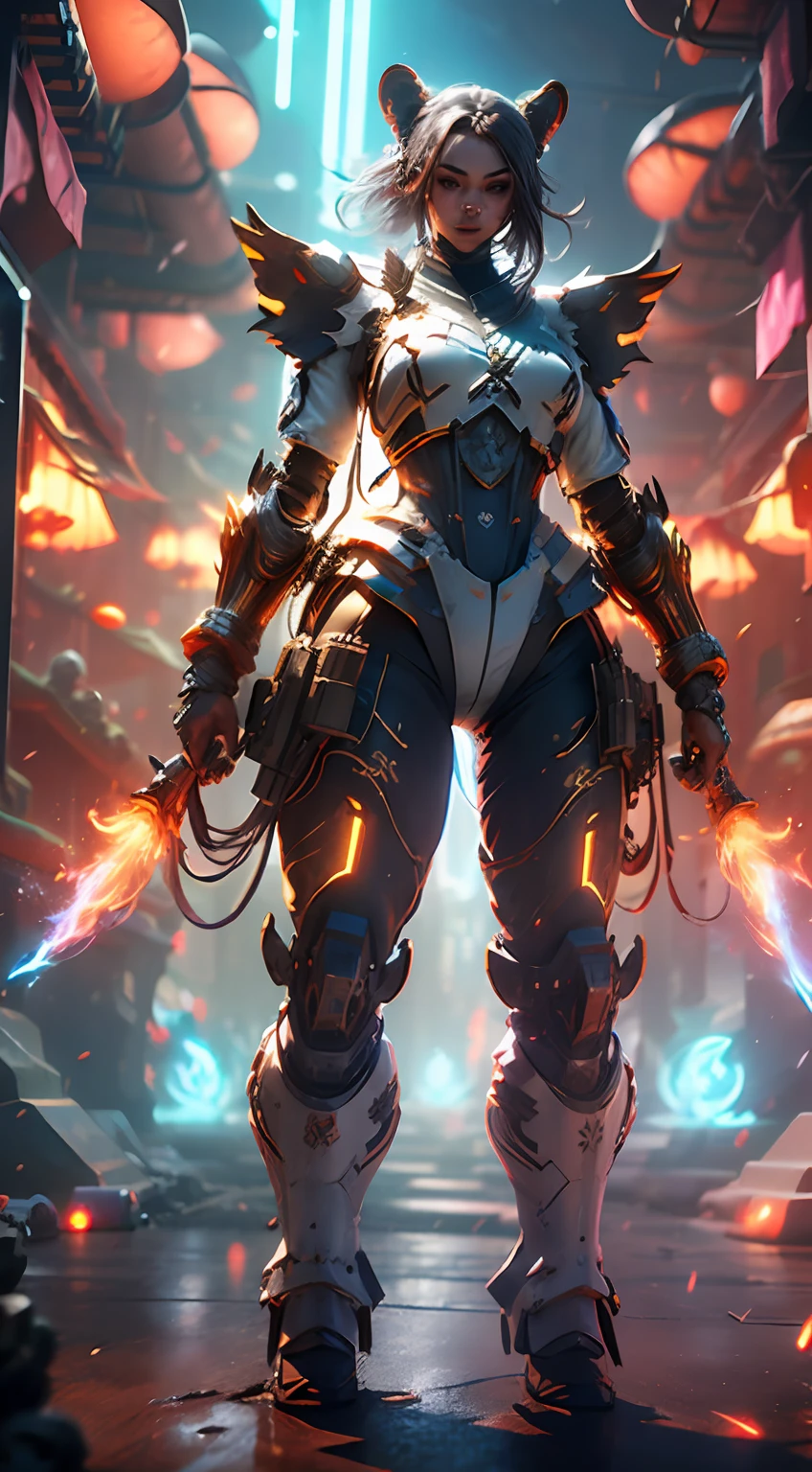 ((Melhor Qualidade)), ((Masterpiece)), (Muito detalhado: 1.3), 3D, Shitu-mecha, mostrar a barriga, decote, 1 beautiful woman, sorridente, cabelo curto, mech vestindo a cor laranja e branca, (mecha with tiger pattern decoration) (hands and feet wearing claws), ruins of cities in forgotten wars, tecnologia antiga, HDR (high dynamic range), ray tracing, NVIDIA RTX, super resolution, Unreal 5, espalhamento subsuperficial, Textura PBR, post-processamento, anisotropic filtering, Profundidade de campo, maximum sharpness and acutance, multi-texturas de camadas, albedo and highlight maps, surface shading, accurate simulation of light-material interactions, perfect ratios, octane rendering, duotone lighting, ISO baixo, white balance, rule of thirds, Ampla abertura, 8K RAW, high efficiency sub-Pixels, subPixel convolution, luminous particles, espalhamento de luz, Efeito Tyndall