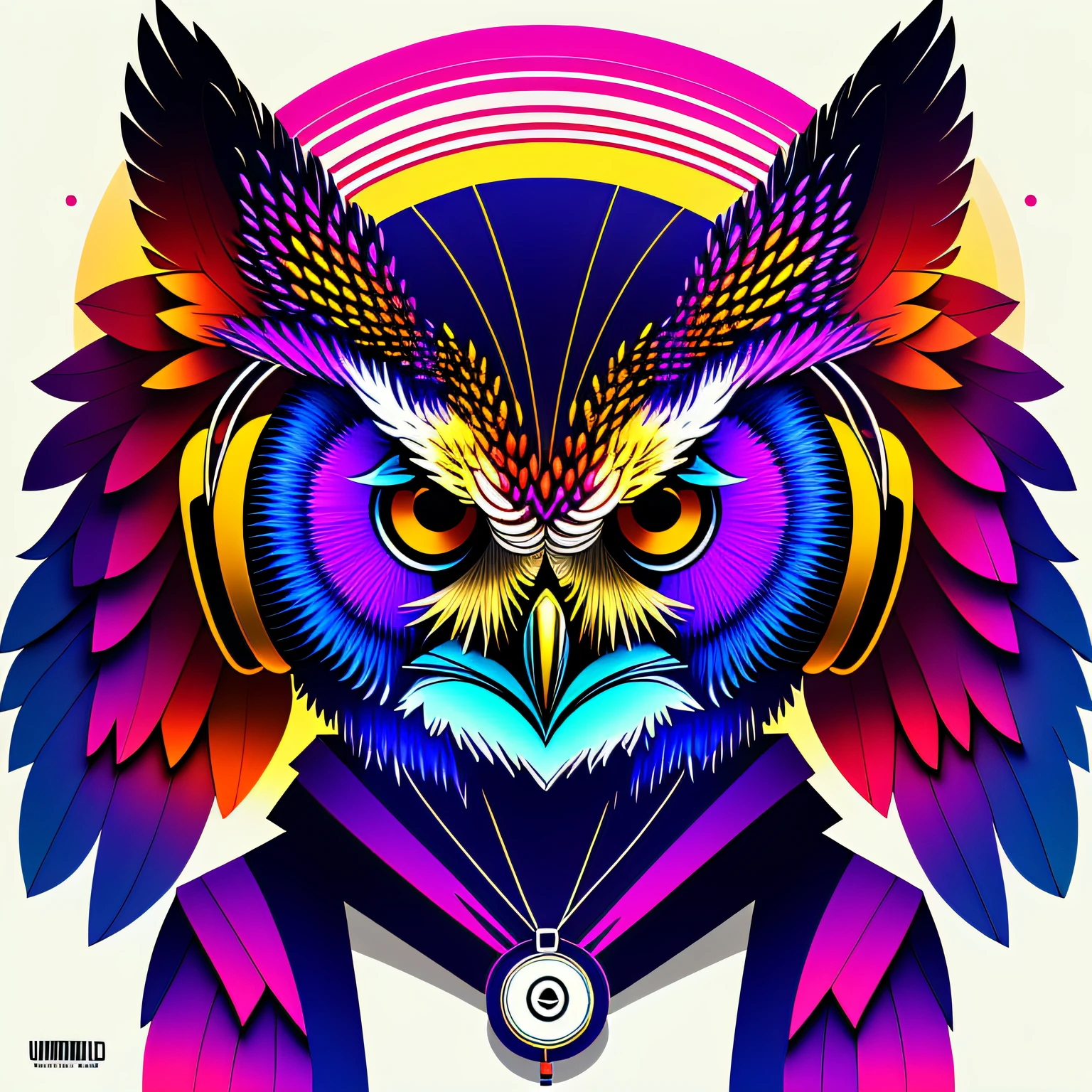 Geometric, symmetrical, attractive, charming, use bright colors, very minimalist and unique modern owl logo design with a headset listening to music, with Paul Rand style, vector, white background