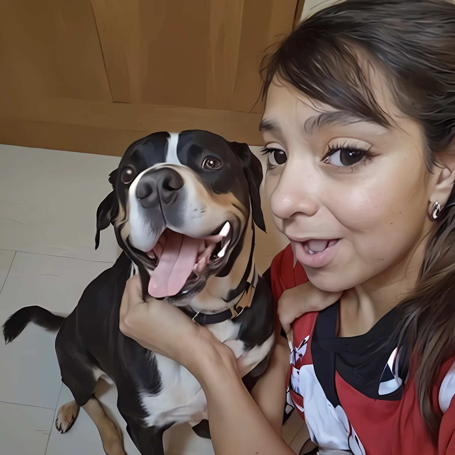 there is a woman that is eating a doughnut with a dog, selfie of a dog, with his hyperactive little dog, !! olhando para a camera!!, ciborgue - pitbull tirando uma selfie, taken with sony a7r camera, looking at camera!!!, taken with a leica camera, tongue sticking out, is looking at the camera, sneering at the camera
