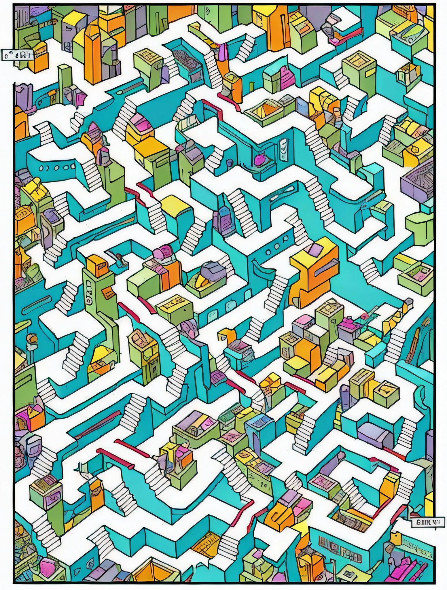 Un laberinto de dibujos animados, laberinto de calles, laberinto-gustar, laberinto como, isometric illustration fun, Estilo MC Escher, isometric art, super detailed color art, inspirado por M. C. Escher, inspirado por M.C. Escher, inspirado por MC Escher, Arte en color ultra detallado