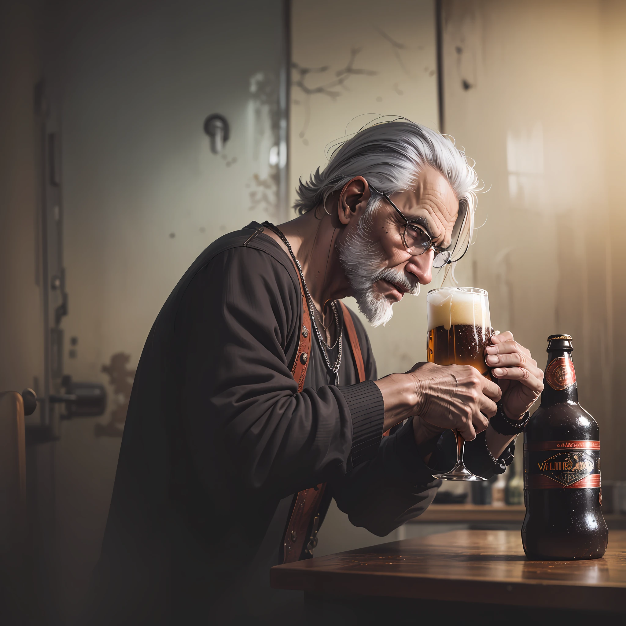 homem velho segurando uma cerveja, antique period bar, viking, 4k, dramatic illumination, alta qualidade, DSLR, film grain, Fujifilm XT3   - --auto --s2