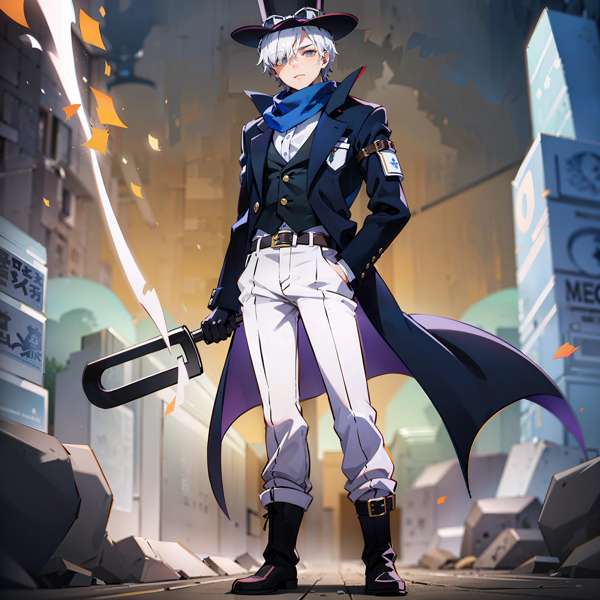 Strong young man with white hair, burn around his left eye, wearing a long black jacket with a buckle on the left sleeve, dark blue shirt and vest, puckered white scarf and a simple belt holding baggy pants of lighter blue tone, wearing black boots. He also wears a pair of brown gloves and a top hat with goggles around it.