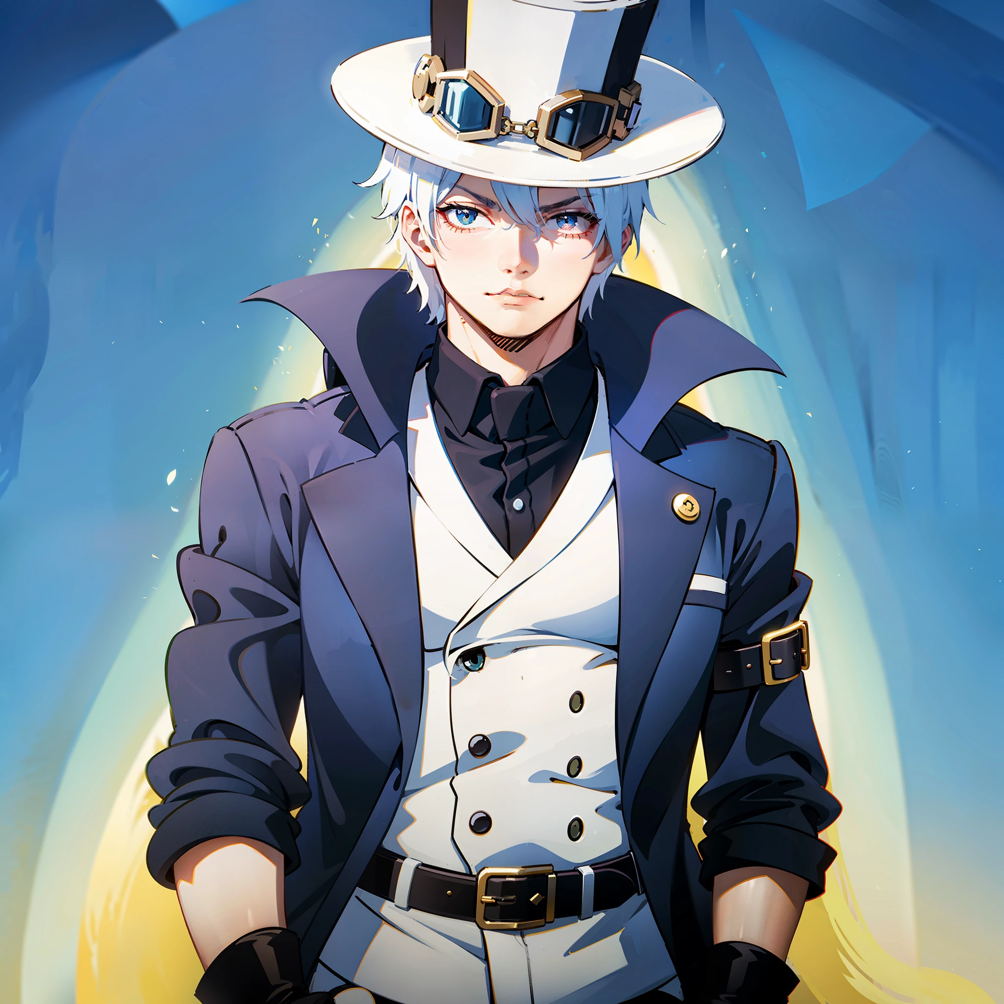 Strong young man with white hair, burn around his left eye, wearing a long black jacket with a buckle on the left sleeve, dark blue shirt and vest, puckered white scarf and a simple belt holding baggy pants of lighter blue tone, wearing black boots. He also wears a pair of brown gloves and a top hat with goggles around it.