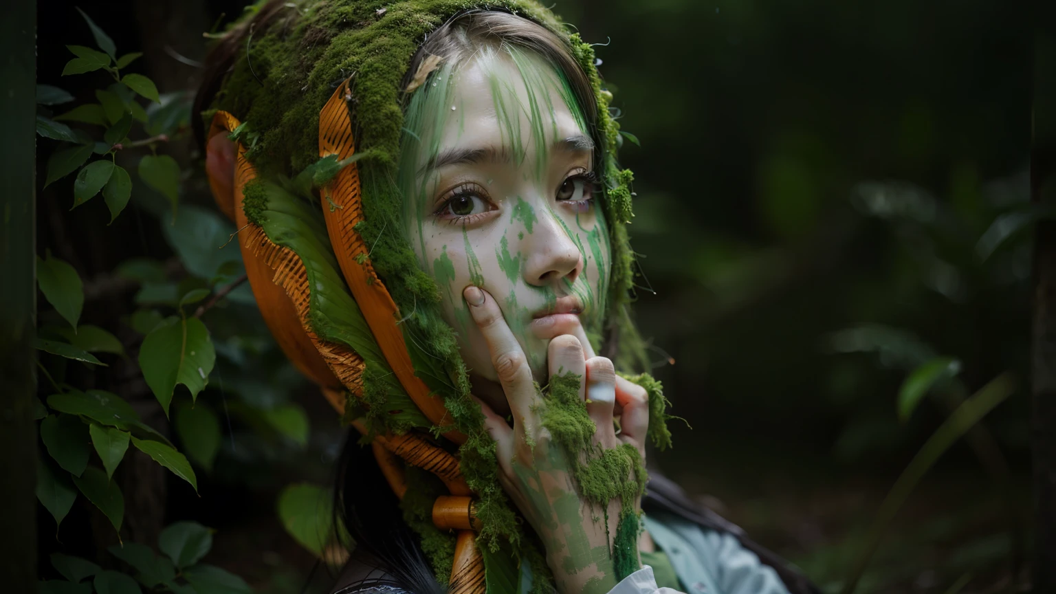 more green moss grows on head, forest background, rain