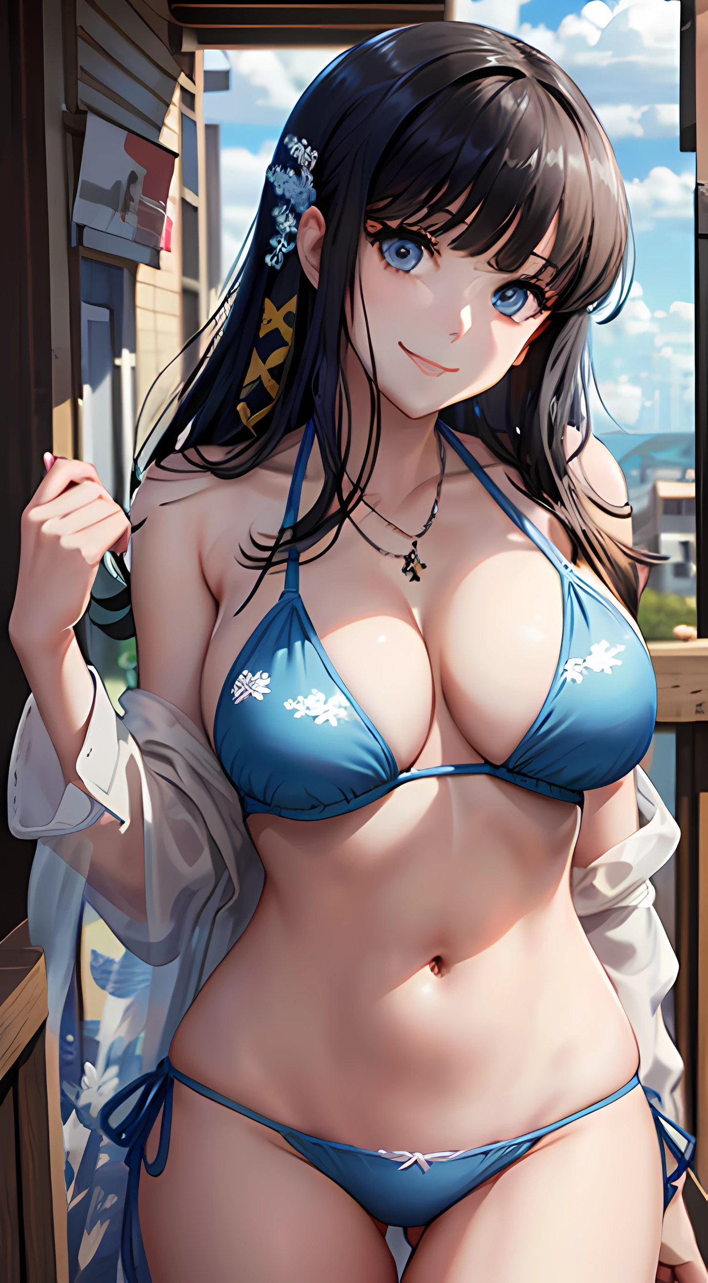 masterpiece, best qualityer, ultra-detailed, beautiful detailed eyes, extremely detailed eyes and face, 1girl, ShibaMiyuki, Hair ornament, bikini, ((,nolmal breast,)), standing, looking at viewer, smiling, seductive smile, ((normal hip)), wood, daytime, sky, clouds, cowboy shot, full body,