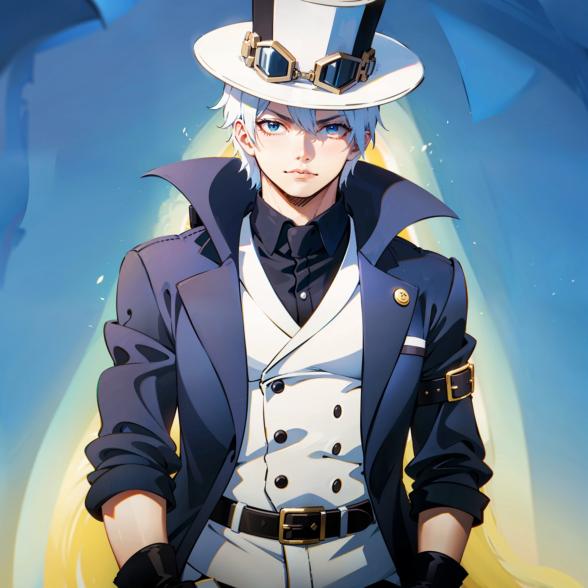Strong young man with white hair, burn around his left eye, wearing a long black jacket with a buckle on the left sleeve, dark blue shirt and vest, puckered white scarf and a simple belt holding baggy pants of lighter blue tone, wearing black boots. He also wears a pair of brown gloves and a top hat with goggles around it.