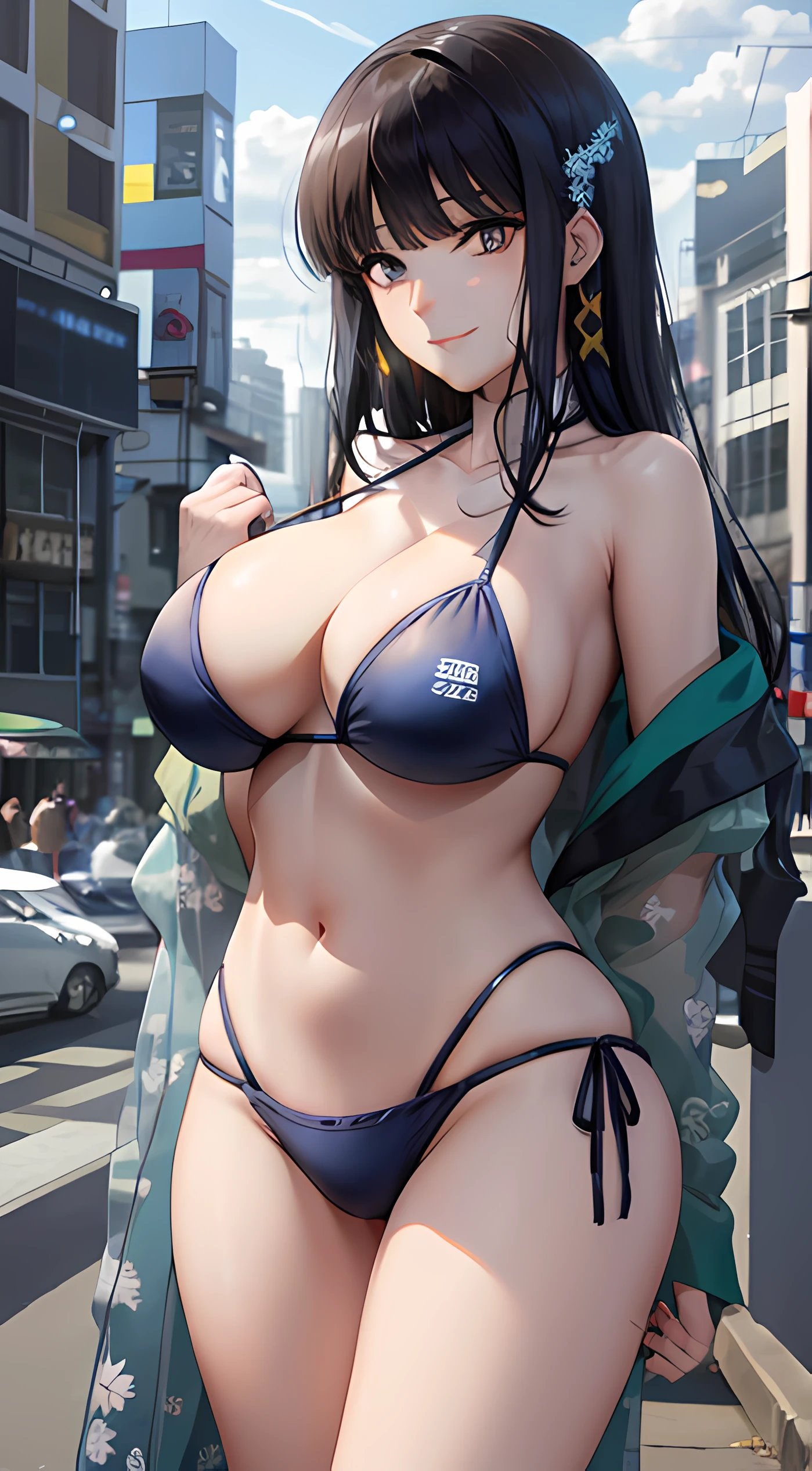 masterpiece, best qualityer, ultra-detailed, beautiful detailed eyes, extremely detailed eyes and face, 1girl, ShibaMiyuki, Hair ornament, bikini, ((,nolmal breast,)), standing, looking at viewer, smiling, seductive smile, ((big hip)), wood, daytime, sky, clouds, cowboy shot, full body,