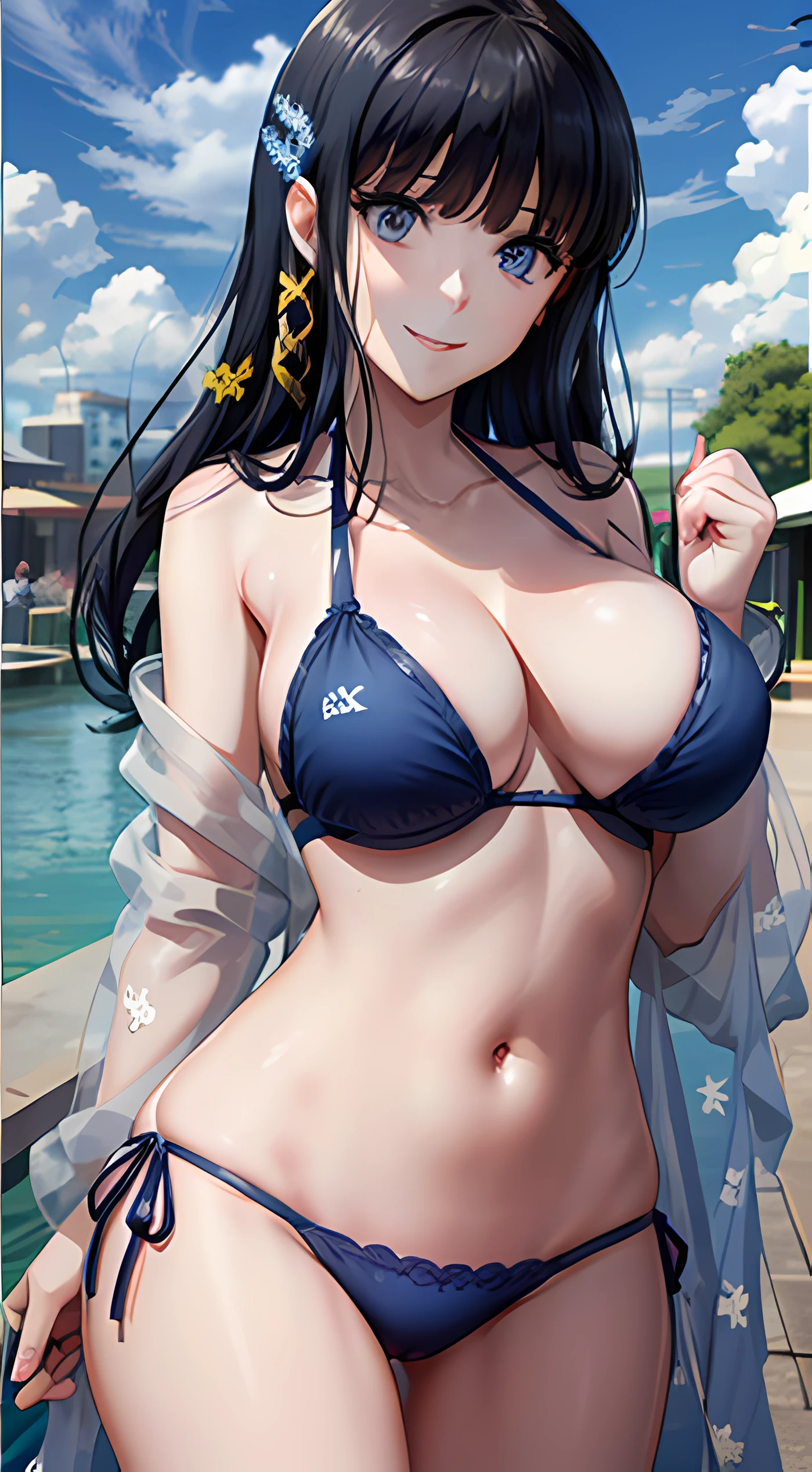 masterpiece, best qualityer, ultra-detailed, beautiful detailed eyes, extremely detailed eyes and face, 1girl, ShibaMiyuki, Hair ornament, bikini, ((,nolmal breast,)), standing, looking at viewer, smiling, seductive smile, ((big hip)), wood, daytime, sky, clouds, cowboy shot, full body,