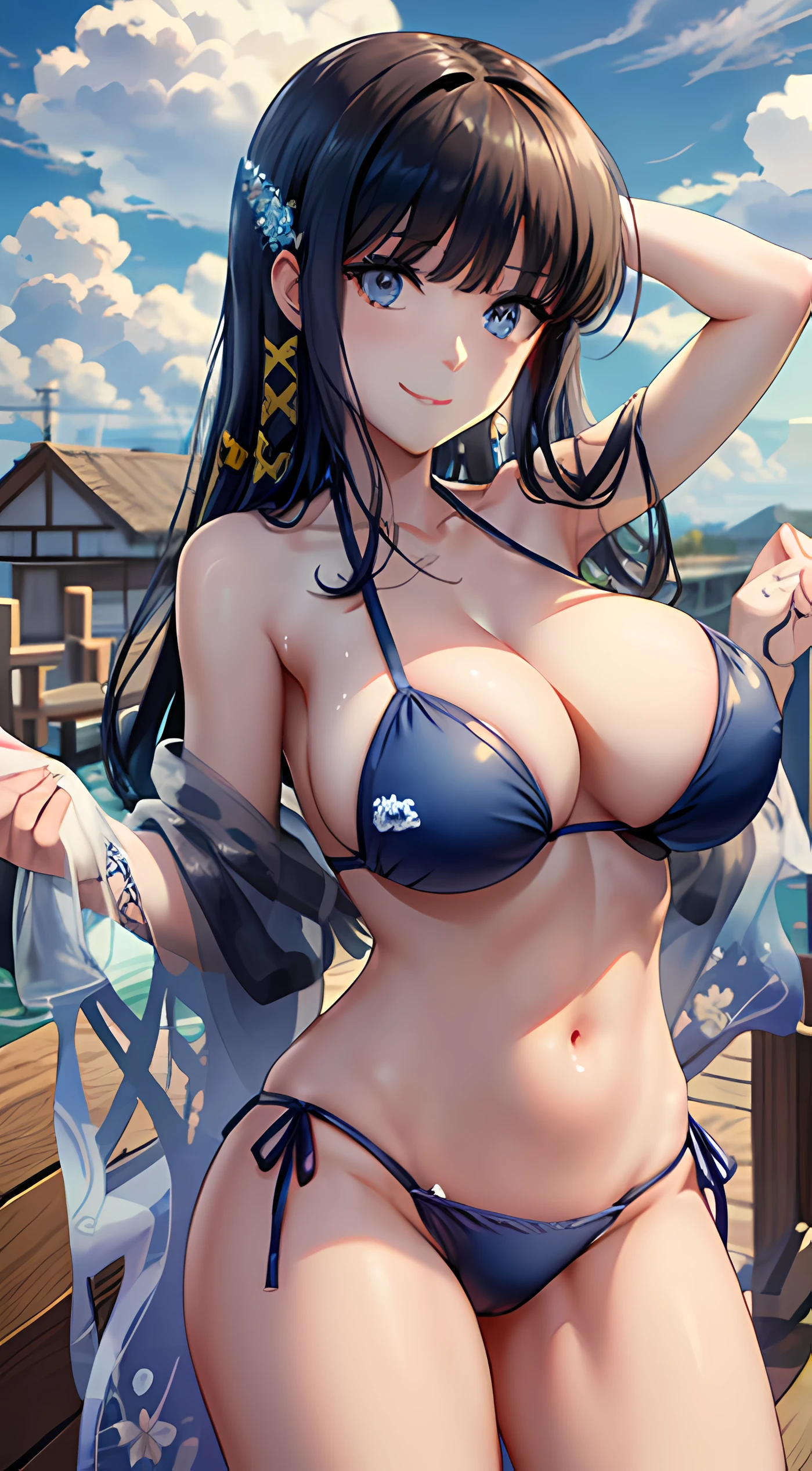 masterpiece, best qualityer, ultra-detailed, beautiful detailed eyes, extremely detailed eyes and face, 1girl, ShibaMiyuki, Hair ornament, bikini, ((,nolmal breast,)), standing, looking at viewer, smiling, seductive smile, ((big hip)), wood, daytime, sky, clouds, cowboy shot, full body,