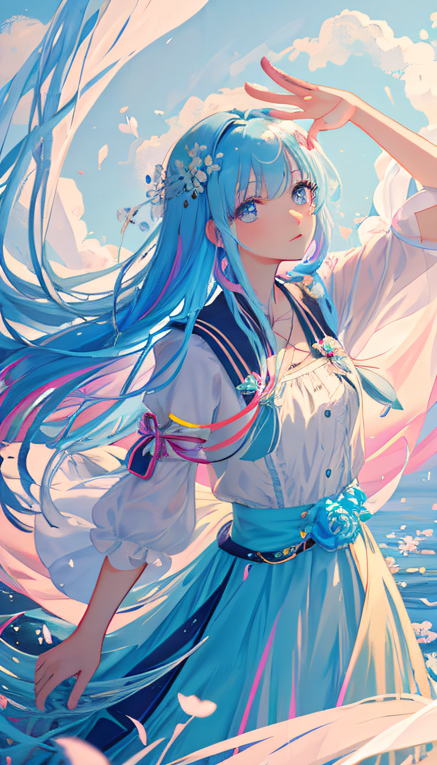 (masterpiece), (best quality), (ultra detailed),(disheveled hair),(illustration), (1girl), (Fashionable clothing), standing, Fashion model, looking at viewer, (interview), (simple background),beautiful detailed eyes, delicate beautiful face, Floating,(high saturation),(colorful splashes),colorful bubble,(shining), focus on face,  kamisato ayaka, light blue hair, bangs, hair ring, floating flowers, floating hairs.Girl, anime waifu, looking at viewer, highlydetailed, reflections transparent iridescent colors, long transparent iridescent RGB hair, artby Serafleur from artstation, thick acrylic，illustration on pixiv, waist up portrait, gorgeoussacred girl, best quality, ultra detailed,sad,clever,beautiful face , beautiful lighton black background, Character stvle renderedby Octane,