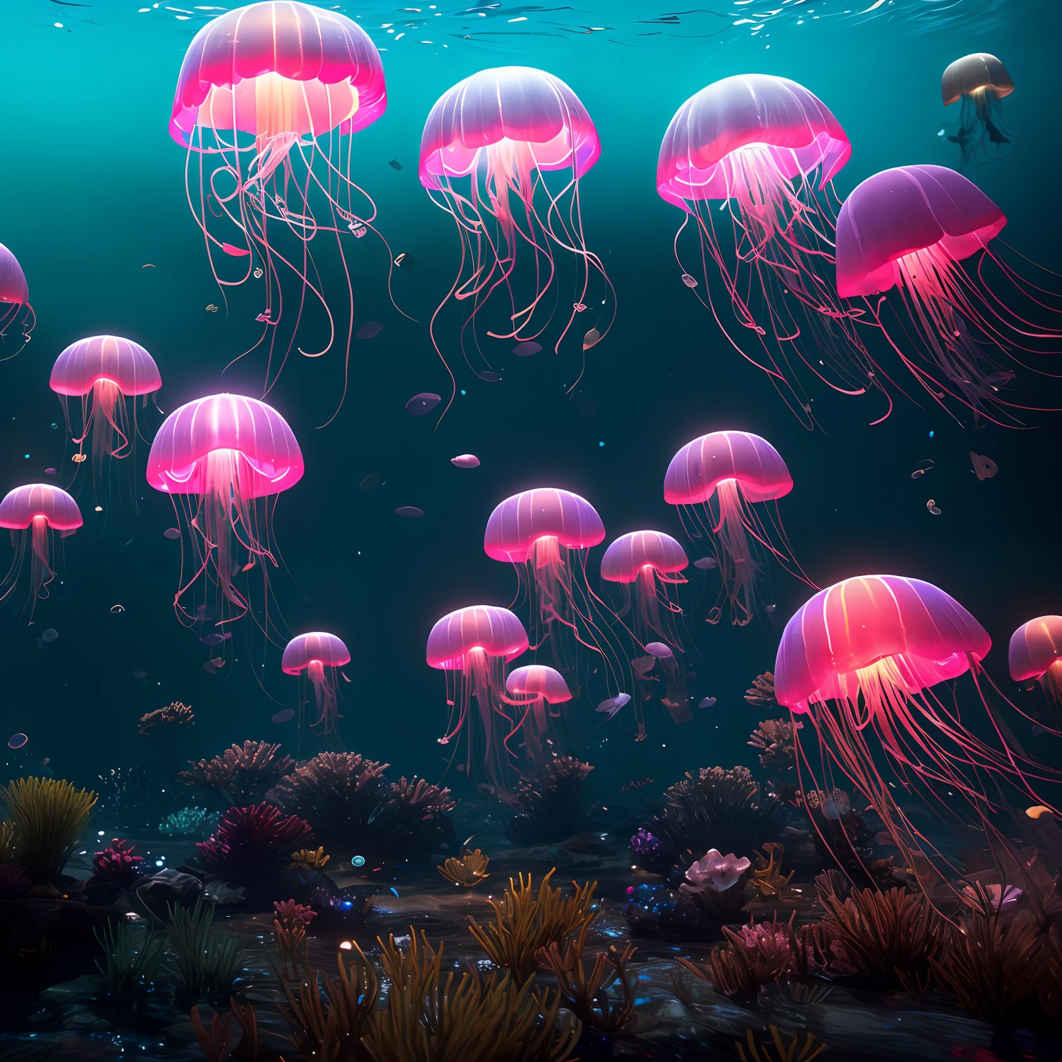 Deep sea at night、Medusa neon jellyfish shines beautifully、Brilliant coral reefs、Luminous jellyfish、4K --auto