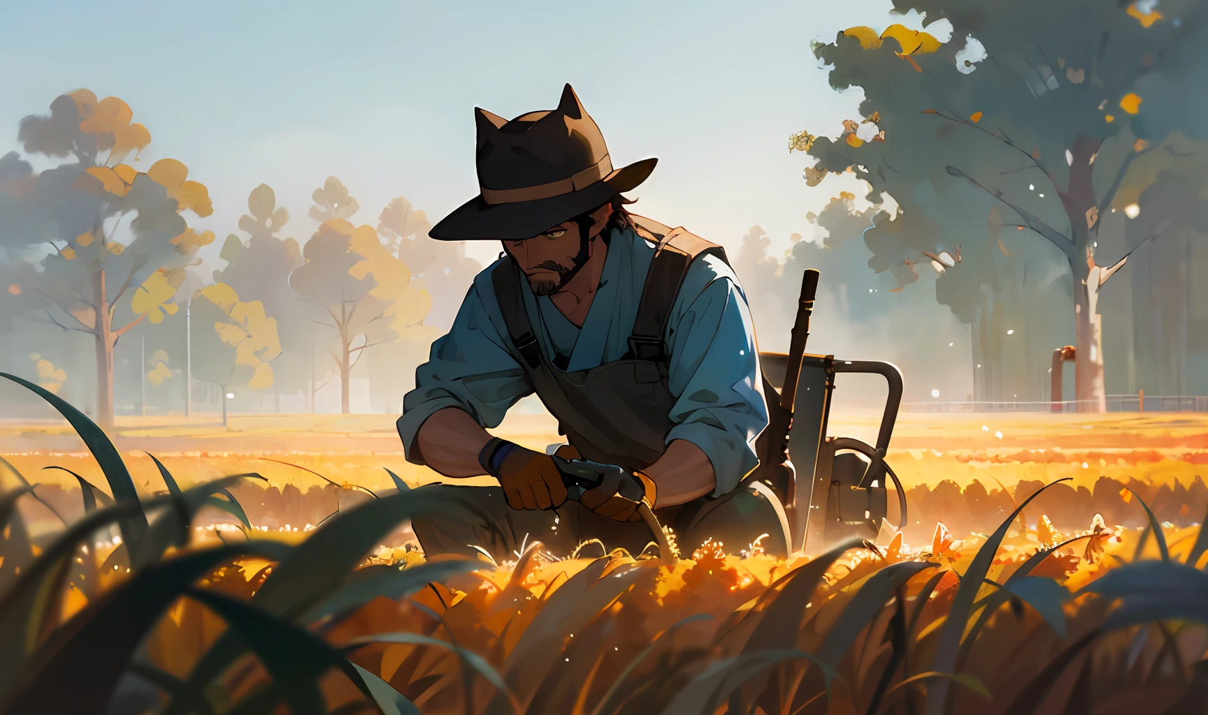 oil painting of a gruff anime farmer working in his field, grand, warm sunlight vivid colors