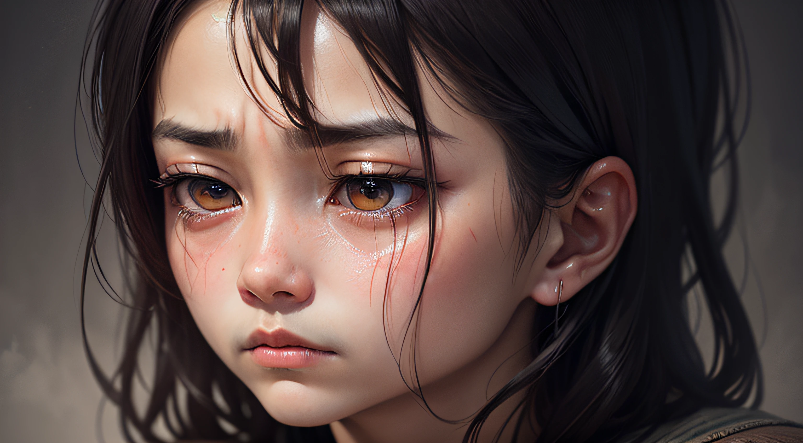A melancholic oriental person, their eyes filled with sorrow and contemplation, reflecting a profound emotional depth. --auto