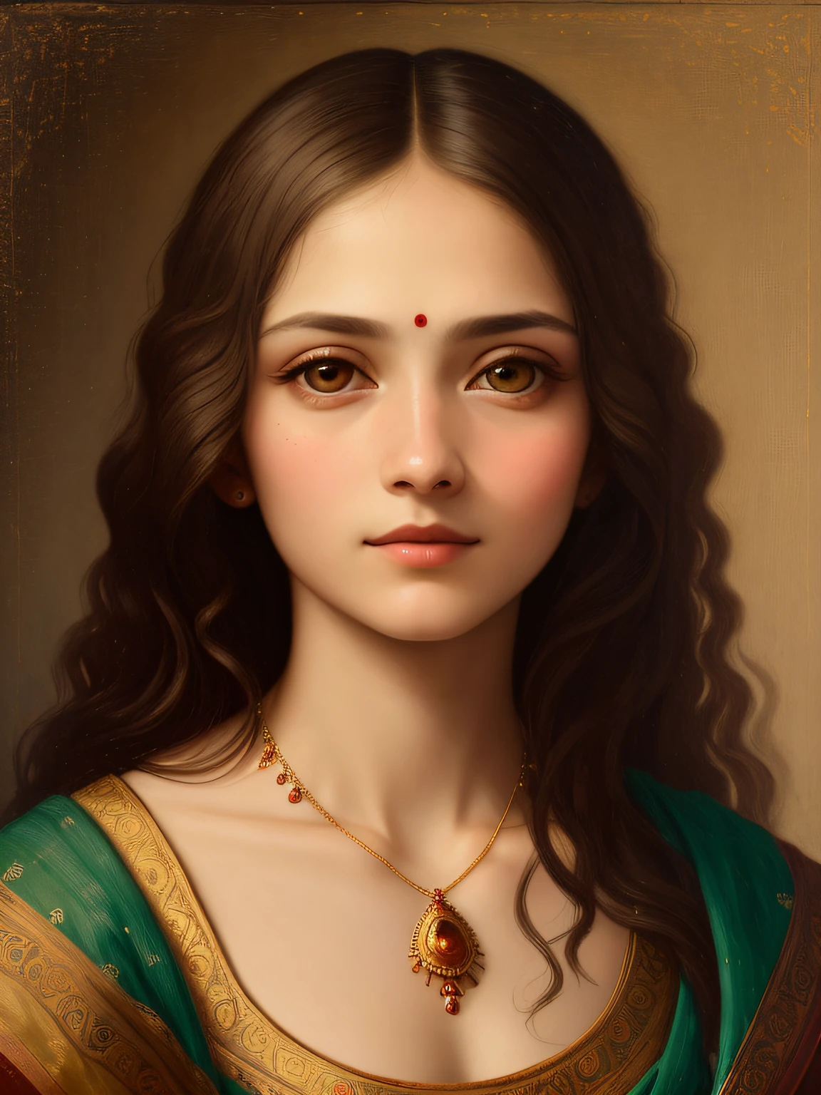 oil painting by Leonardo da Vinci, realistic photography, closeup face of Indian women with white and messy hair, her eyes are sweet and vibrant, her face is symmetrical, silky peach skin, soft torch luminosity on the face by REMBRADT, Adobe Illustration, Trending on Artstation, 8K, hd, cinematic, masterpiece, magnificent art, best quality