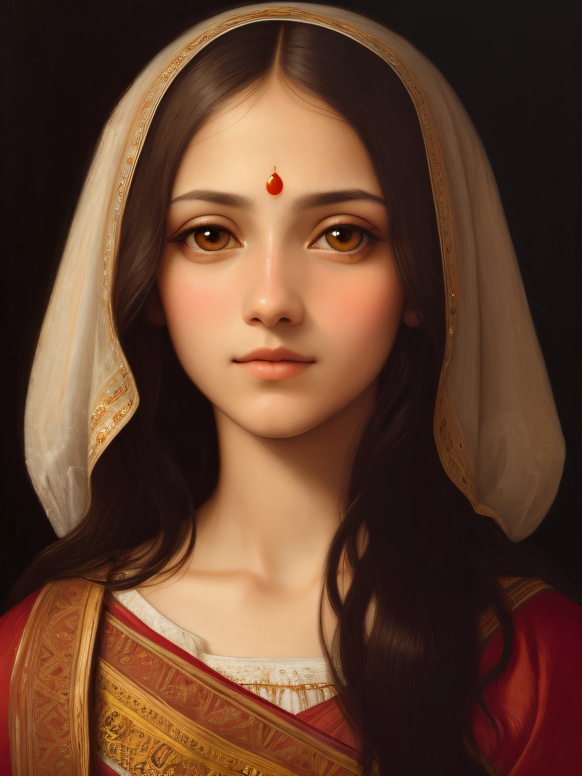 oil painting by Leonardo da Vinci, realistic photography, closeup face of Indian women with white and messy hair, her eyes are sweet and vibrant, her face is symmetrical, silky peach skin, soft torch luminosity on the face by REMBRADT, Adobe Illustration, Trending on Artstation, 8K, hd, cinematic, masterpiece, magnificent art, best quality