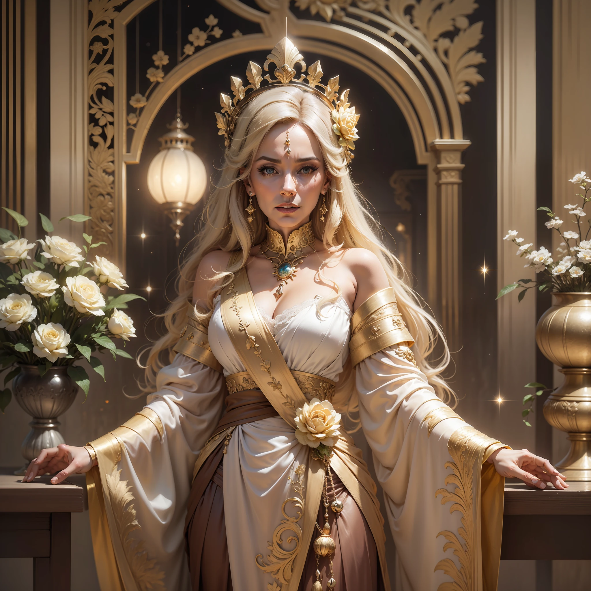 Deusa Hera, cabelo branco, idade 65 anos, sardas, cabelo liso, detalhado, roupa branca, roupa chiton, vestes longas, large cylindrical crown, detalhes em dourado, Pomegranate fruit, Poses gloriosas, noite, lua, estrelas, fundo olimpo, ultra-realista