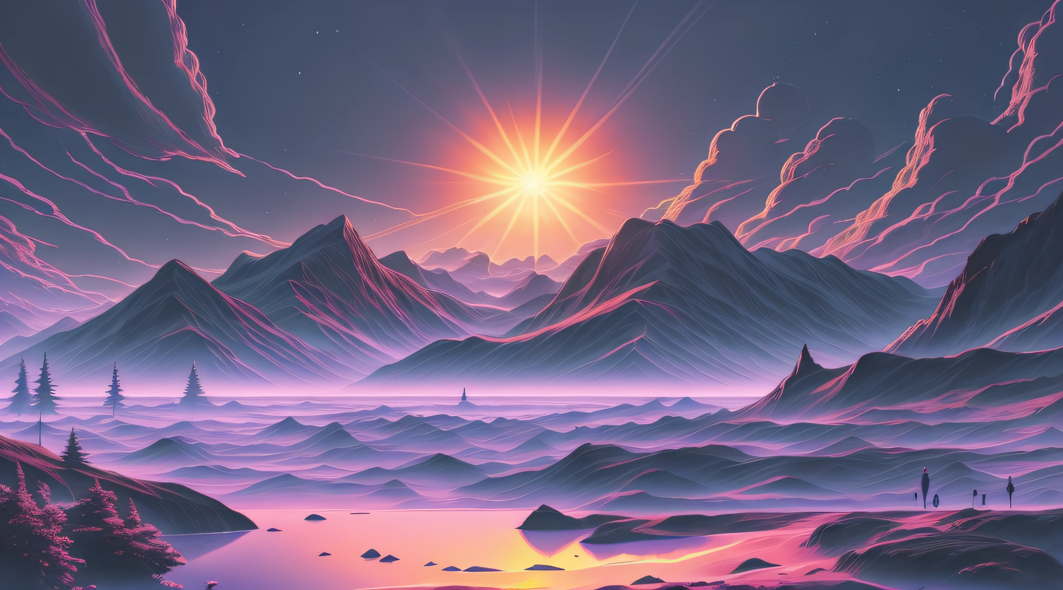 detailed background, masterpiece, top quality, landscape, mountain, river, forest, sun, day, cloud