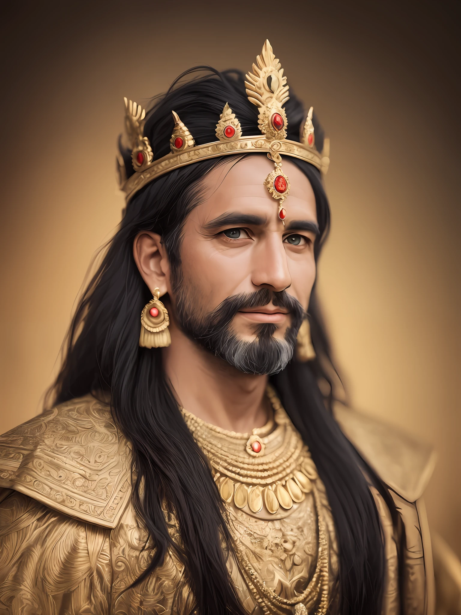 RAW photo, portrait of King Solomon, 40 year old man with a beard and long black hair, wearing the clothes of a King, (very detailed clothing), wearing a golden crown with red jewels, (very detailed crown), pale skin, slim body, normal smile, sharp focus, elegant, (ancient temples background) (highly detailed skin: 1.2), sharp features, 32k, 16k, uhd, soft lighting, high quality, film grain, Fujifilm XT3 --auto --s2