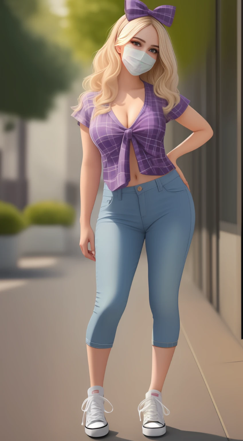 casual pose, fine wavy blonde hair, belle delphine, purple top, beautiful face, skinny, bow on head, standing upright, eye contact, looking backwards, detailed, intricate facial detail, high quality, detailed face, intricate quality, hyperrealistic full body position, hyperrealistic ethereal, hyperrealistic human nose, hyperrealistic lips, hyperrealistic face, hyperrealistic, intricate eye detail, mesmerizing, gorgeous, stunning, smiling expression, center, full body shot, surgical face mask, plaid shirt, blue jeans, cleavage, converse sneakers, full portrait view, high definition, 16k, home