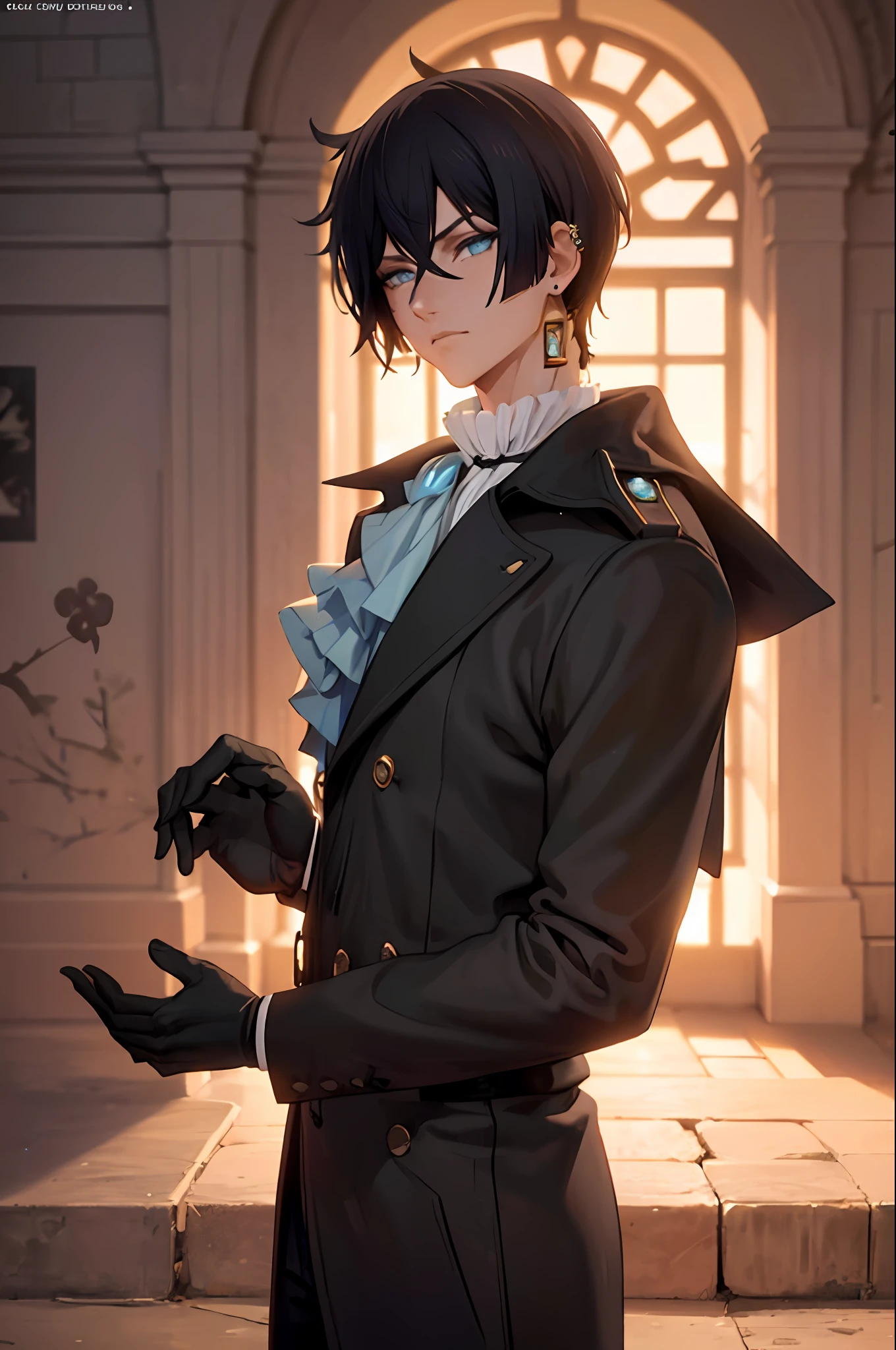 (masterpiece:1.2, best qualityer), (finely detailed beautiful eyes: 1.2), (detailed  background,dark fantasy), (Beautiful Detailed Face), High contrast, (Best Lighting, extremely delicate and beautiful), ((cinematic light)), colourful, Hyperdetail, dramatic light, intricate details, (looking at viewer, gloves, hairsbetweeneyes, jewelry, male focus, earrings, sword, coat, ascot white ascot), swirling black light around the character, depth of field,black light particles,(broken glass),magic circle, ((1boy)), ((black hair))