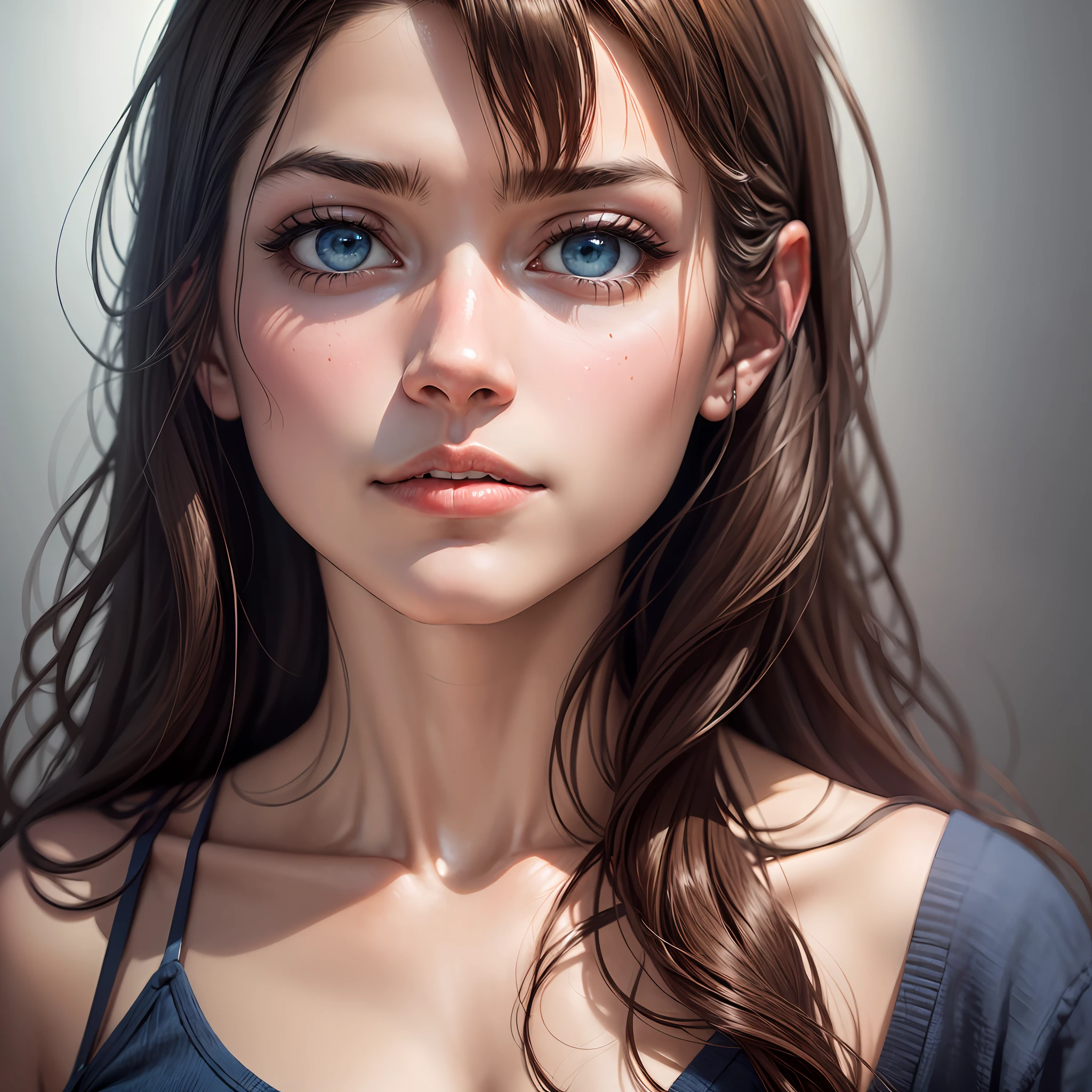 Mulher arafed com uma camisa branca e um fundo azul, soft portrait shot 8 k, retrato colorido detalhado, color photograph portrait 4k, retrato colorido, cabelos castanhos curtos e olhos grandes, Retrato Anime Kaya Scodelario, retrato ultra detalhado, cinematic headshot portrait, retrato de beleza detalhado, retrato de beleza bronzeado, 4 k asymmetrical portrait, rosto bonito fotorrealista --auto