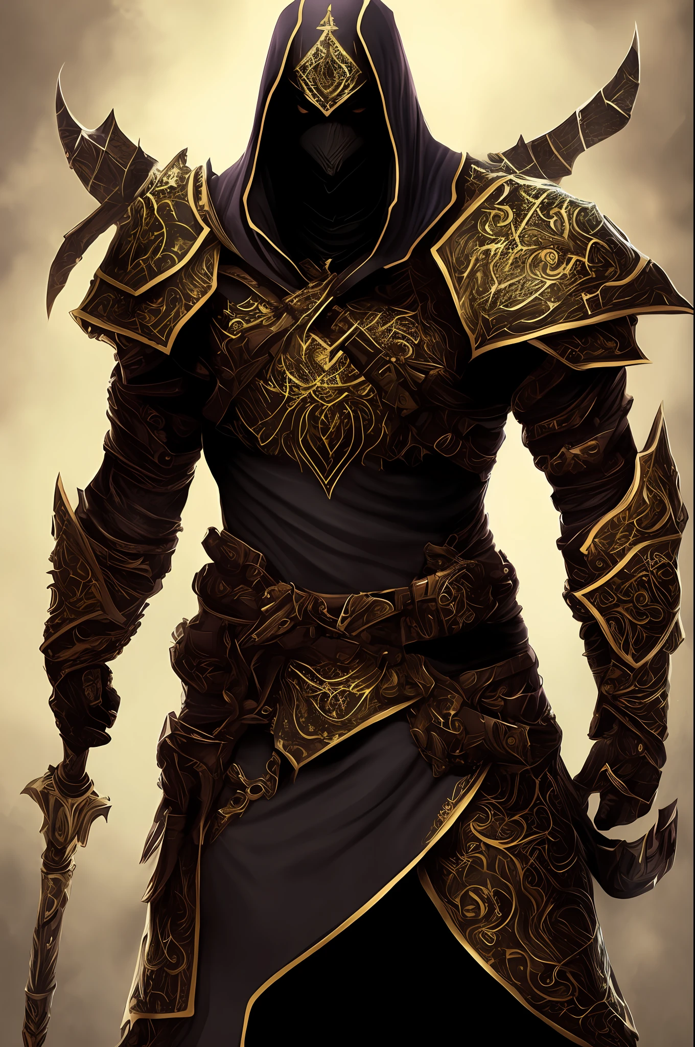 Guerreiro sombrio de armadura sombria preta e roxo, armadura detalhado, Diabolical warrior, with a black golden.