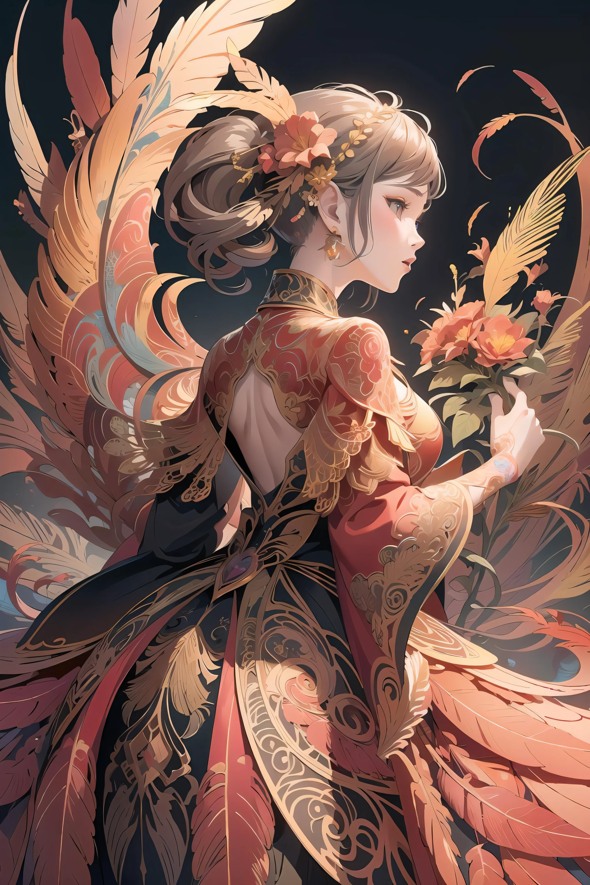 (masterpiece, top quality, best quality, official art, beautiful and aesthetic:1.2), (1girl:1.3), extremely detailed,(fractal art:1.1),(colorful:1.1)(flowers:1.3),highest detailed,(zentangle:1.2), (dynamic pose), (abstract background:1.3), (shiny skin), (many colors:1.4), ,(earrings), (feathers:1.5) , (Flamethrower:1.3),red background,Phoenix dress,