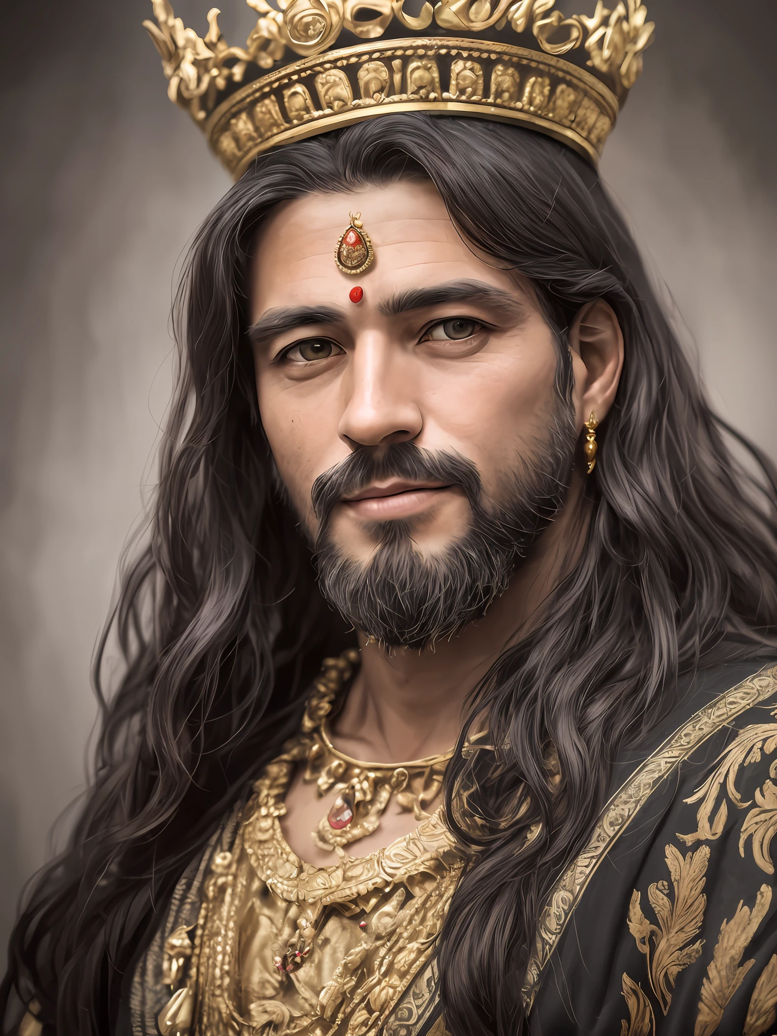 RAW photo, portrait of King Solomon, 40 year old man with a beard and long black hair, wearing the clothes of a King, (very detailed clothing), wearing a golden crown with red jewels, (very detailed crown), pale skin, slim body, normal smile, sharp focus, elegant, (ancient temples background) (highly detailed skin: 1.2), sharp features, 32k, 16k, uhd, soft lighting, high quality, film grain, Fujifilm XT3 --auto --s2