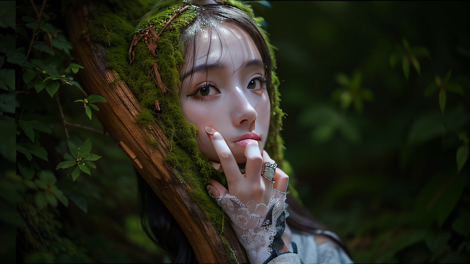 more green moss grows on head, forest background, rain