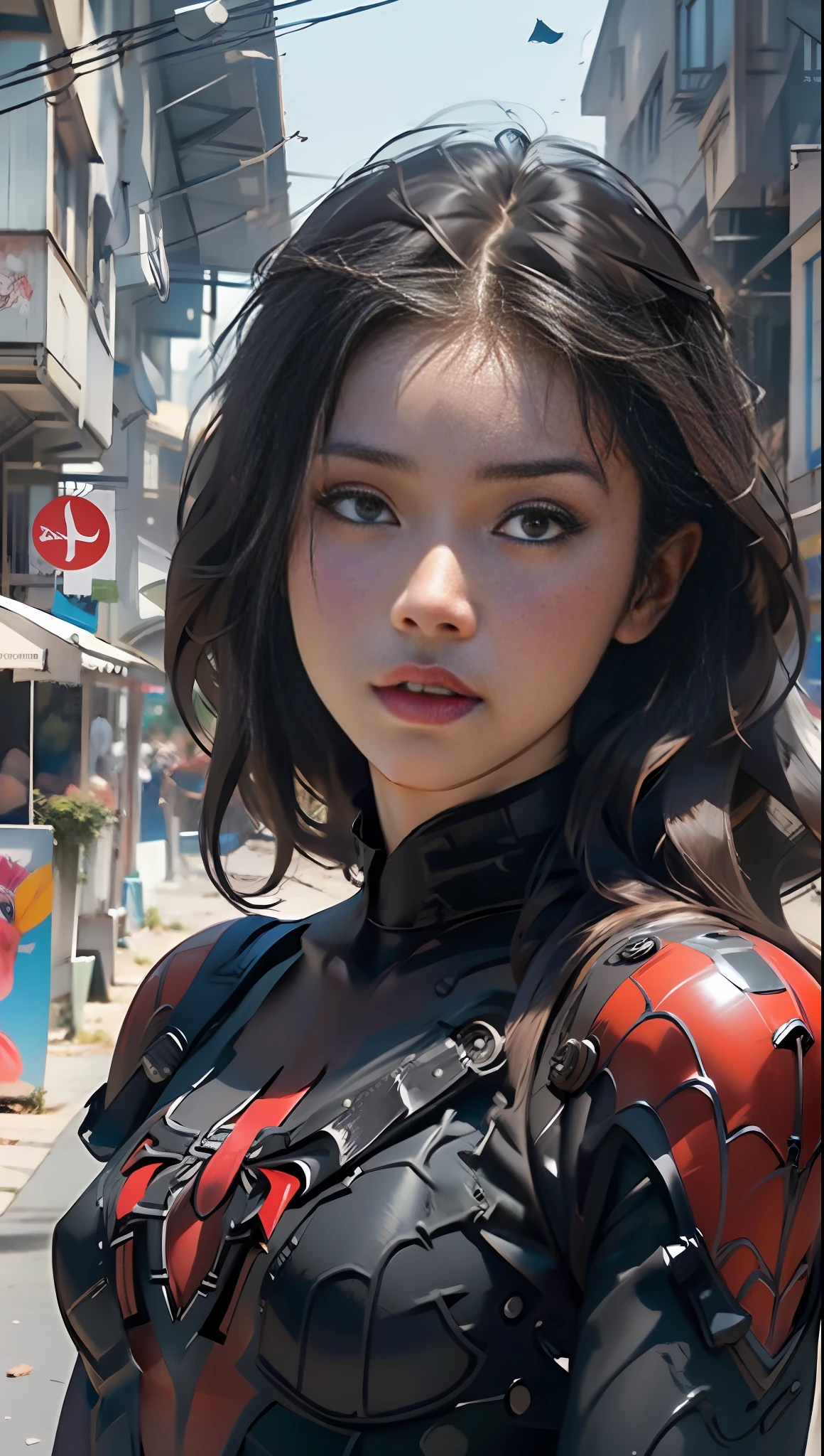 Masterpiece, HD, detalhes detalhados, mulher bonita detalhou o corpo definido usando a aranha-Roleplay do homem, Peitos grandes, sorrir, delicate facial features, rosto perfeito, pele clara, Garota nua cabelo curto, ruas cidade