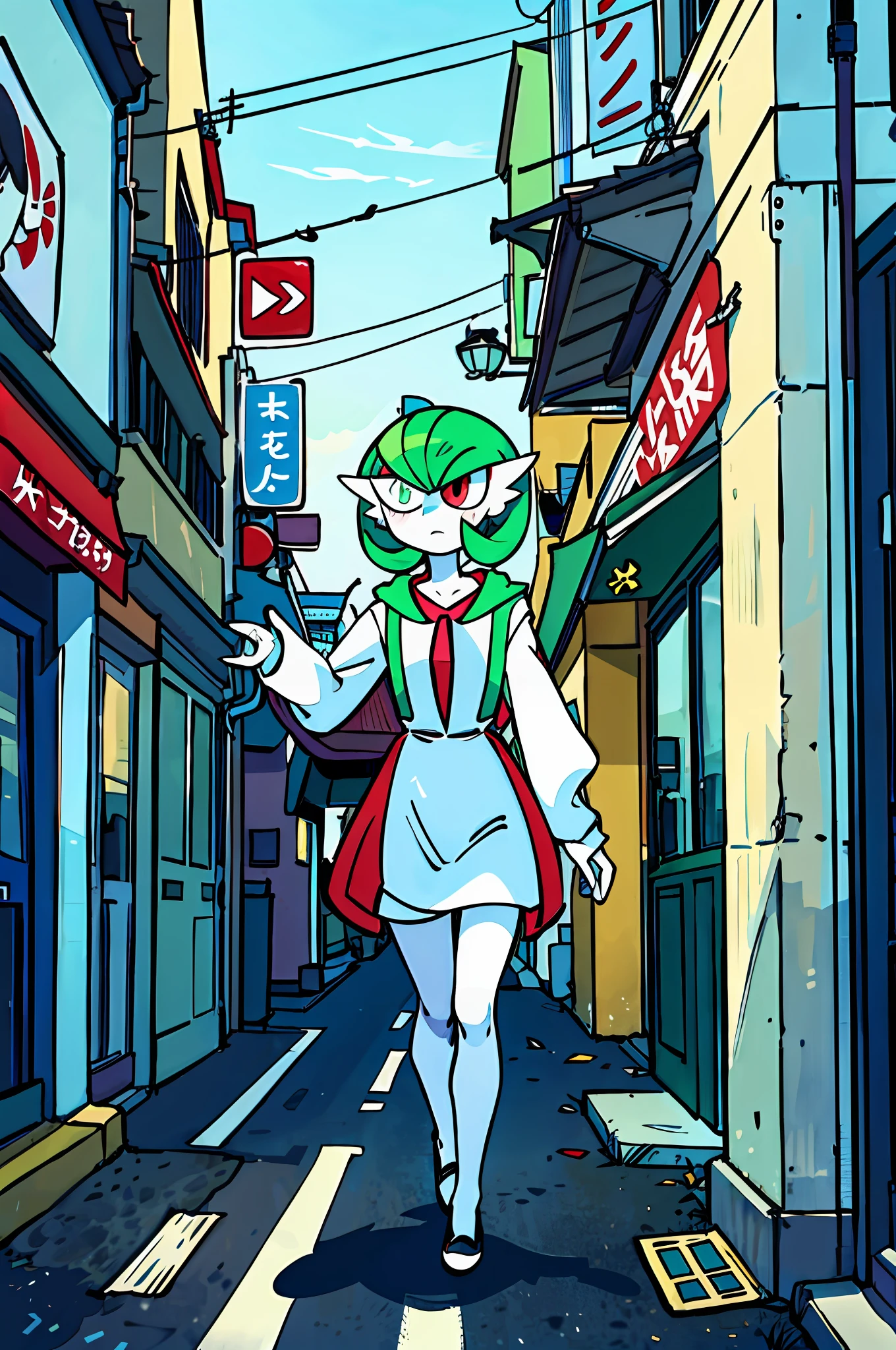 masterpiece, best_quality, 1girl, solo, gardevoir, white dress, creatures \(company\), game freak, nintendo, pokemon, pokemon \(game\), bangs, colored skin, female focus, flat chest, gen 3 pokemon, green hair, green skin, hair over one eye, multicolored skin, pokemon \(creature\), red eyes, short hair, two-tone skin, white skin