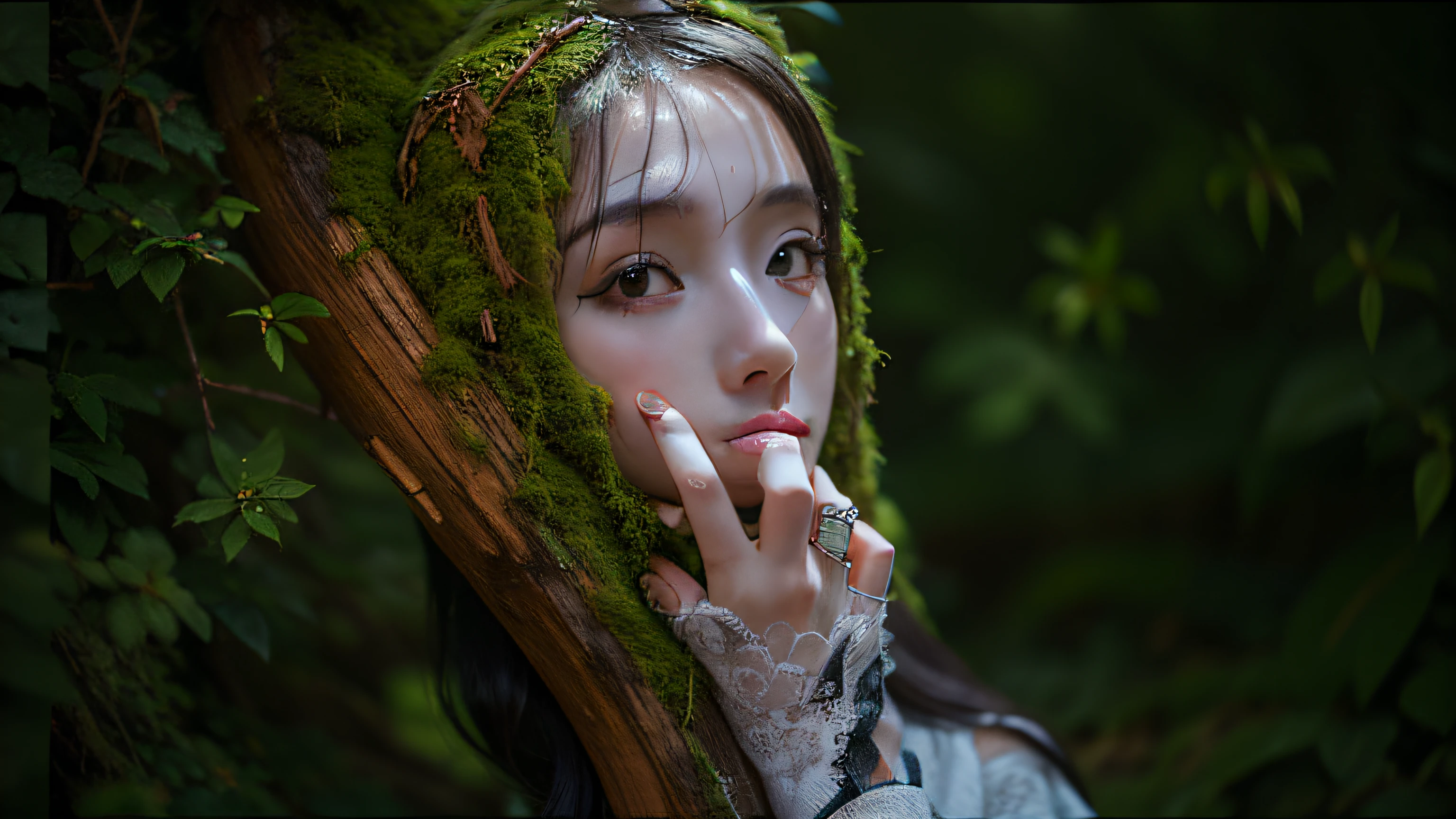 more green moss grows on head, forest background, rain