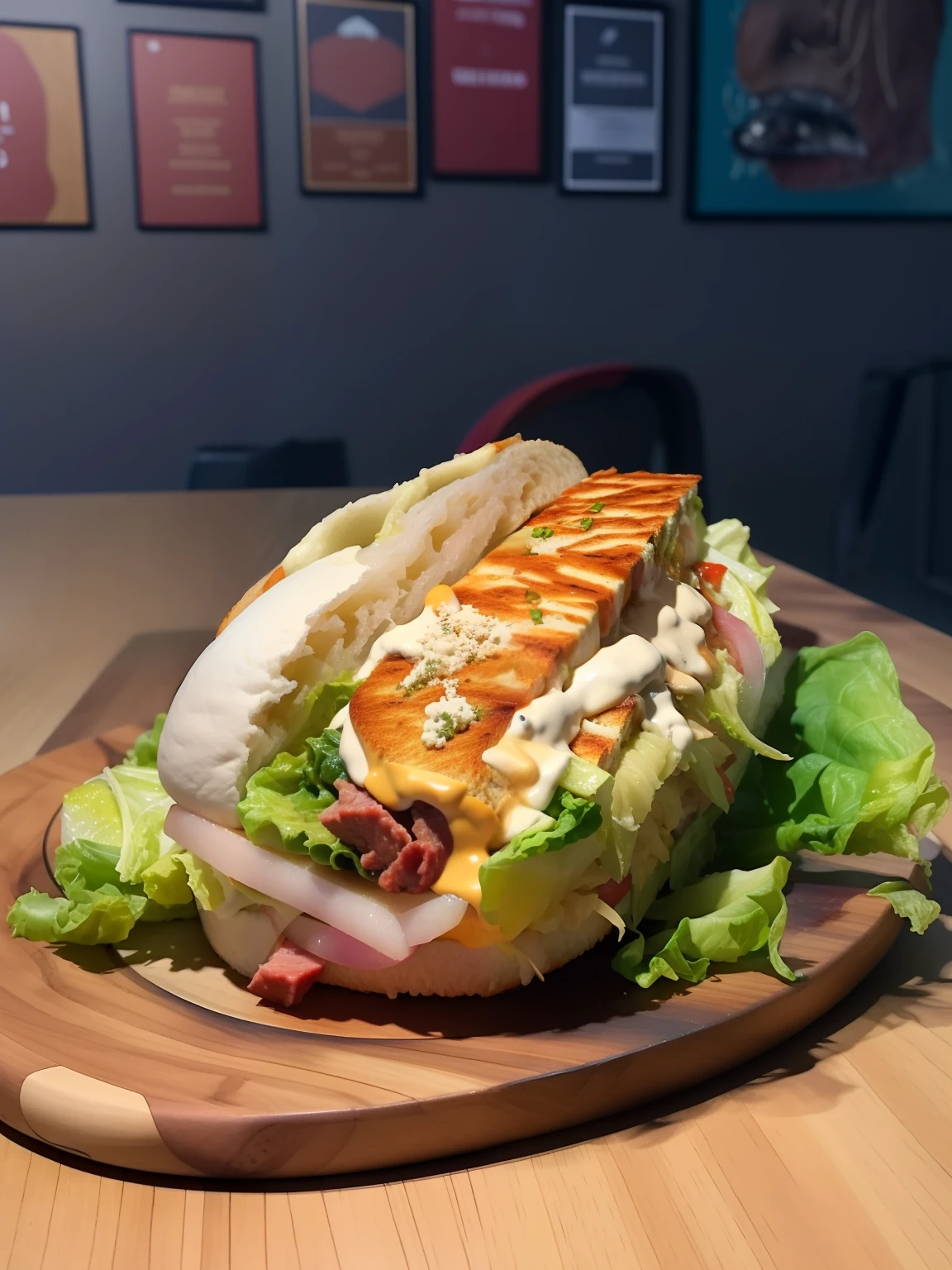 there is a sandwich on a wooden plate with lettuce and meat, a sandwich with chopped picanha with garlic cream, Direction: Tom Wänerstrand, chicken sandwich, bao phan, Sandwich with rennet cheese, Direction: Nandor Soldier, Direction: Ni Yuanlu, Direction: Luis Miranda, imagem de comida super realista, Direction: David Ruby, Direction: Daniel Lieske, bom ) auta qualidade e detalhes