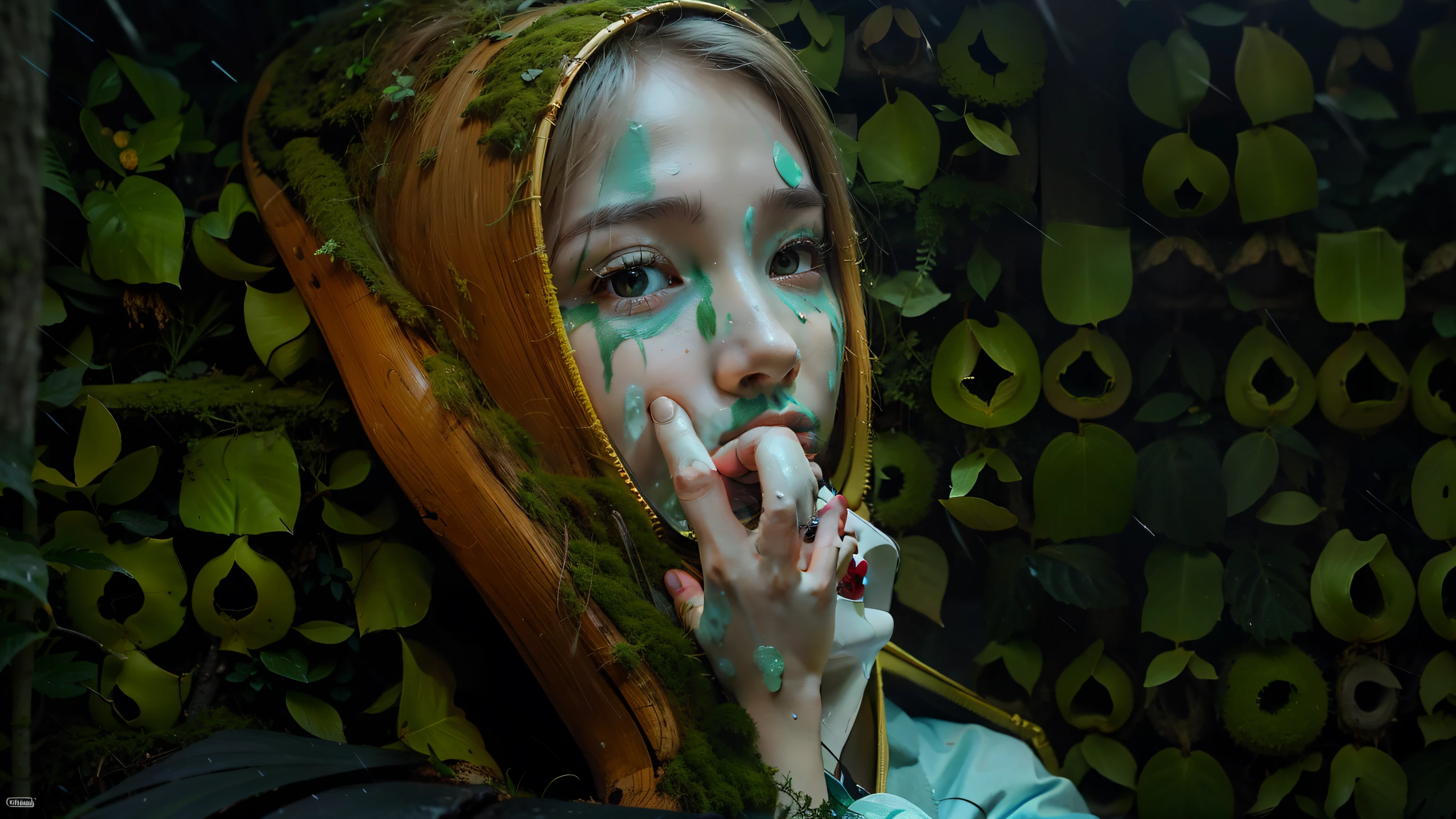 green moss grows on your face, forest background, rain