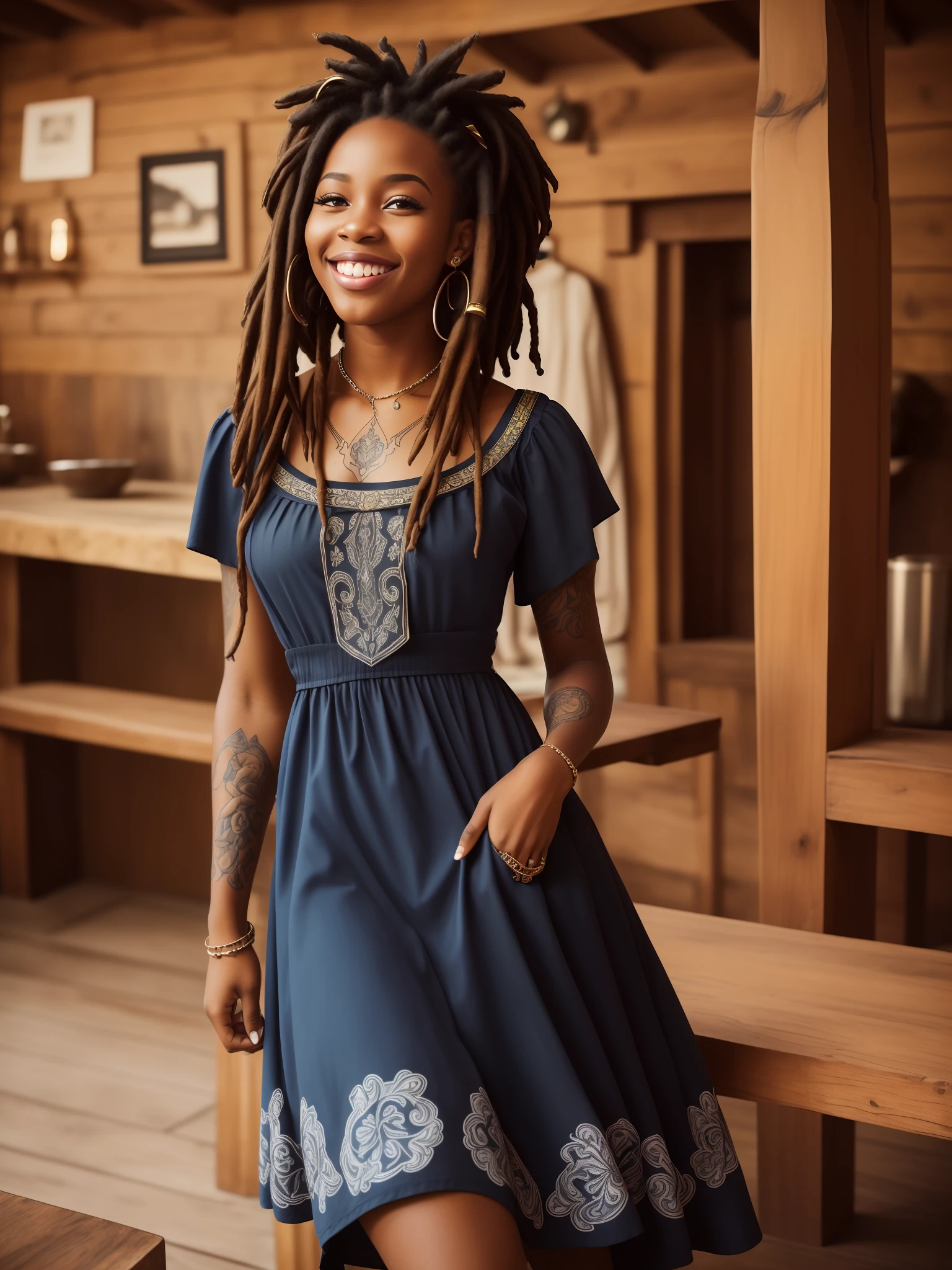 a portrait photo of a black girl, smiling, tattoo, blue dreads, ((((folk dress)))), Ukrainian dress, pronounced feminine feature, insane details, intricate details, hyperdetailed, complex background, medieval tavern, indoor